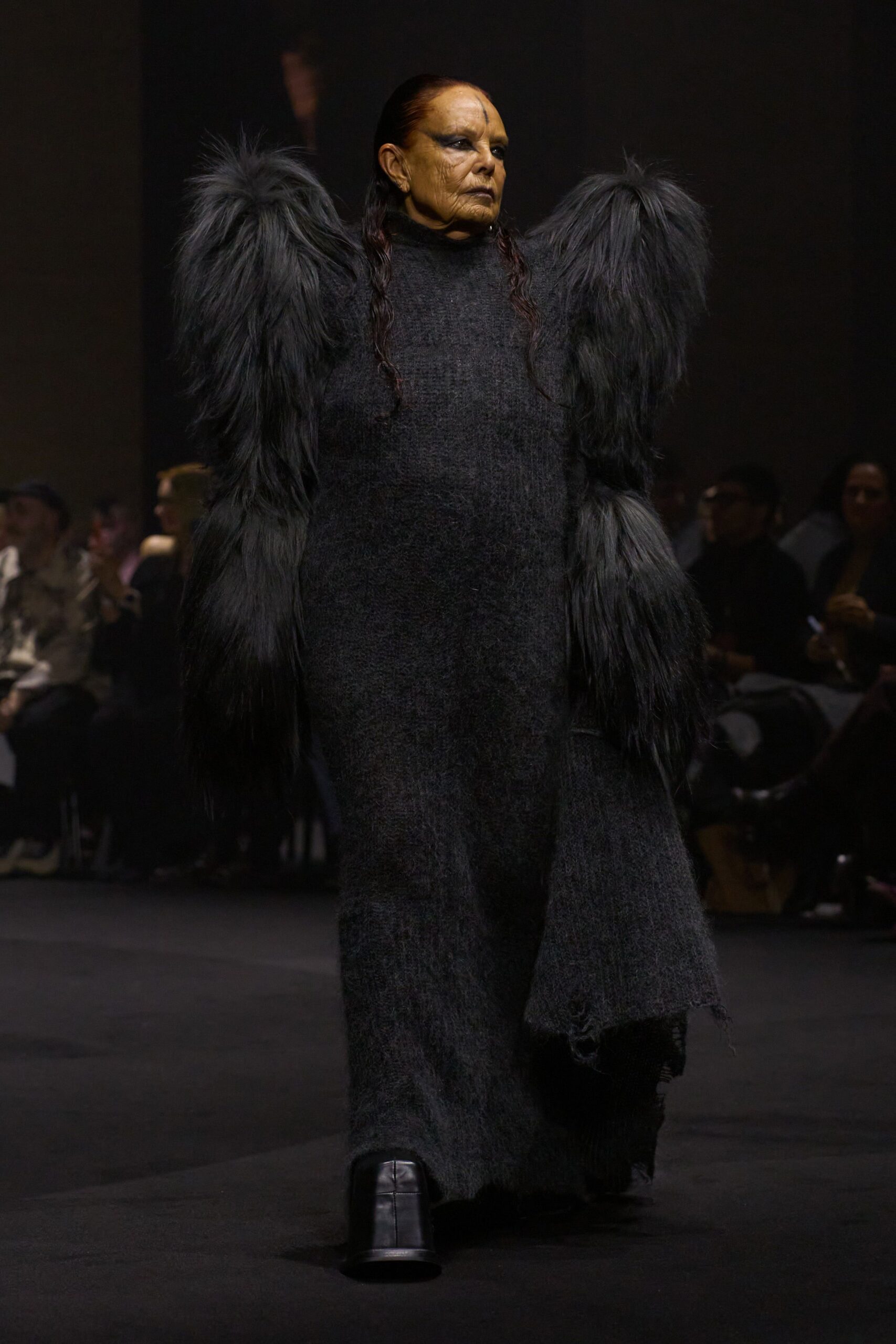 gray wool long-sleeve relaxed draped maxi dress