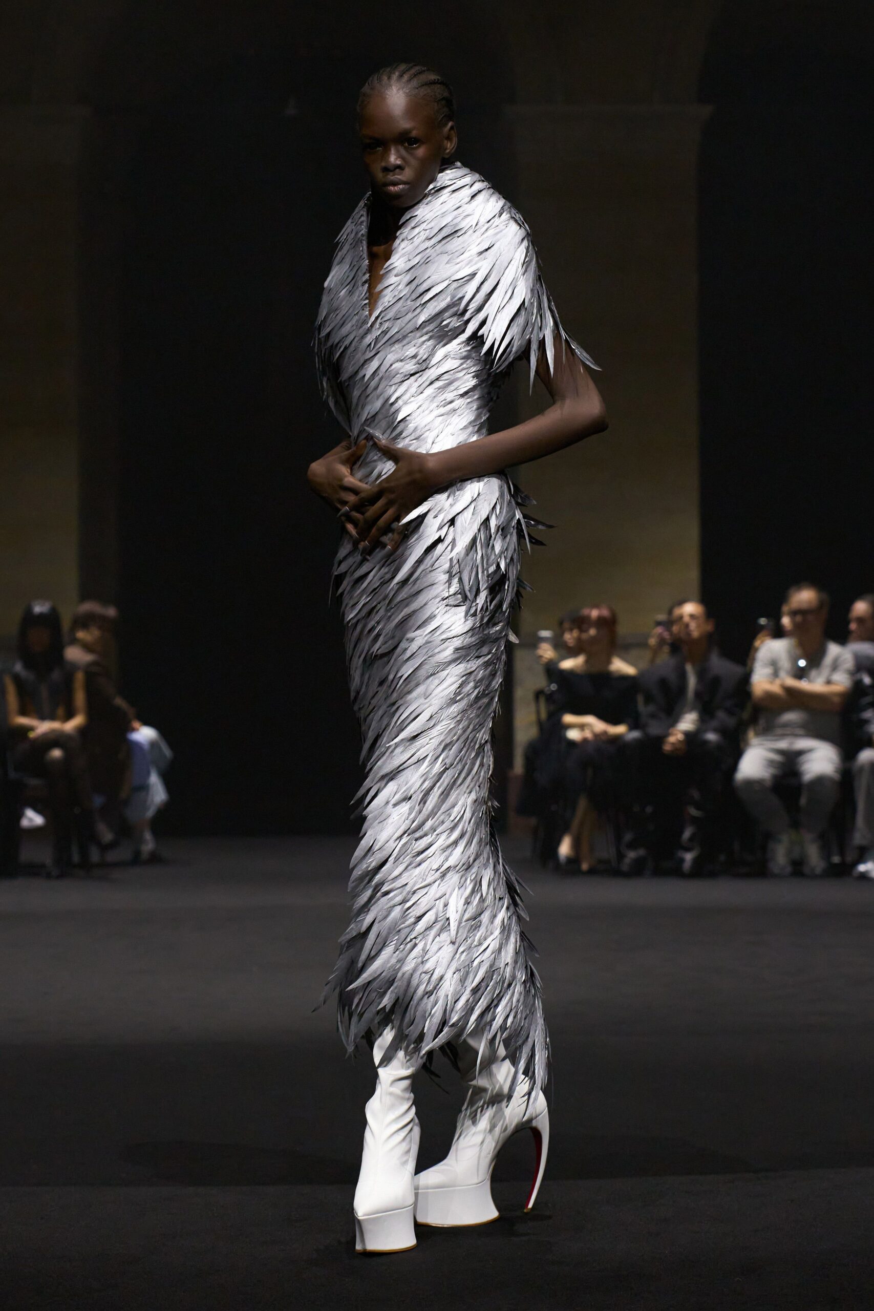 gray feather sleeveless v-neck fitted fringed flowing gown