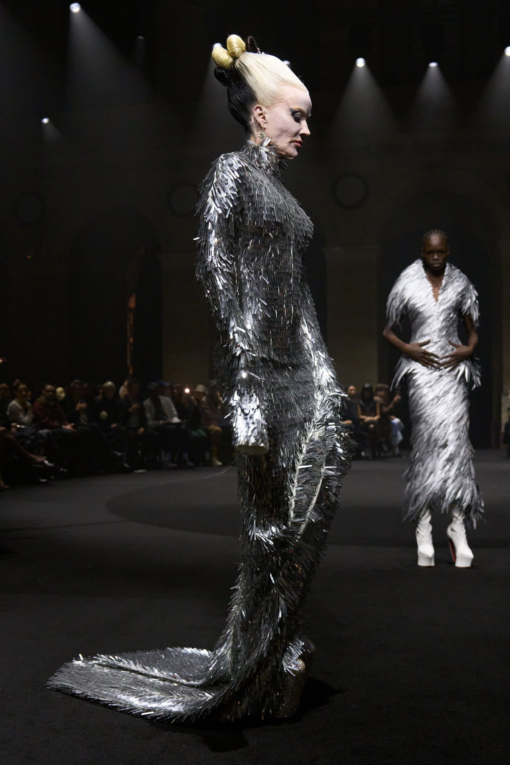 gray metallic long-sleeve fitted fringed shiny maxi gown