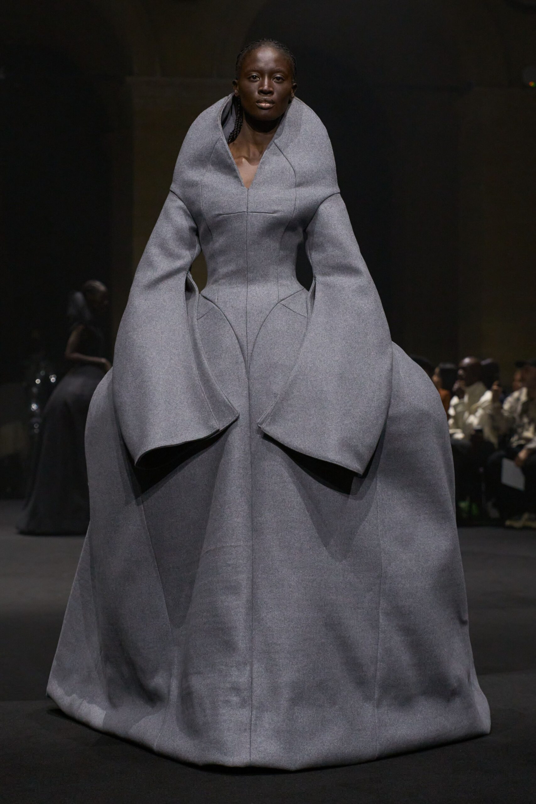 gray structured long-sleeve gown