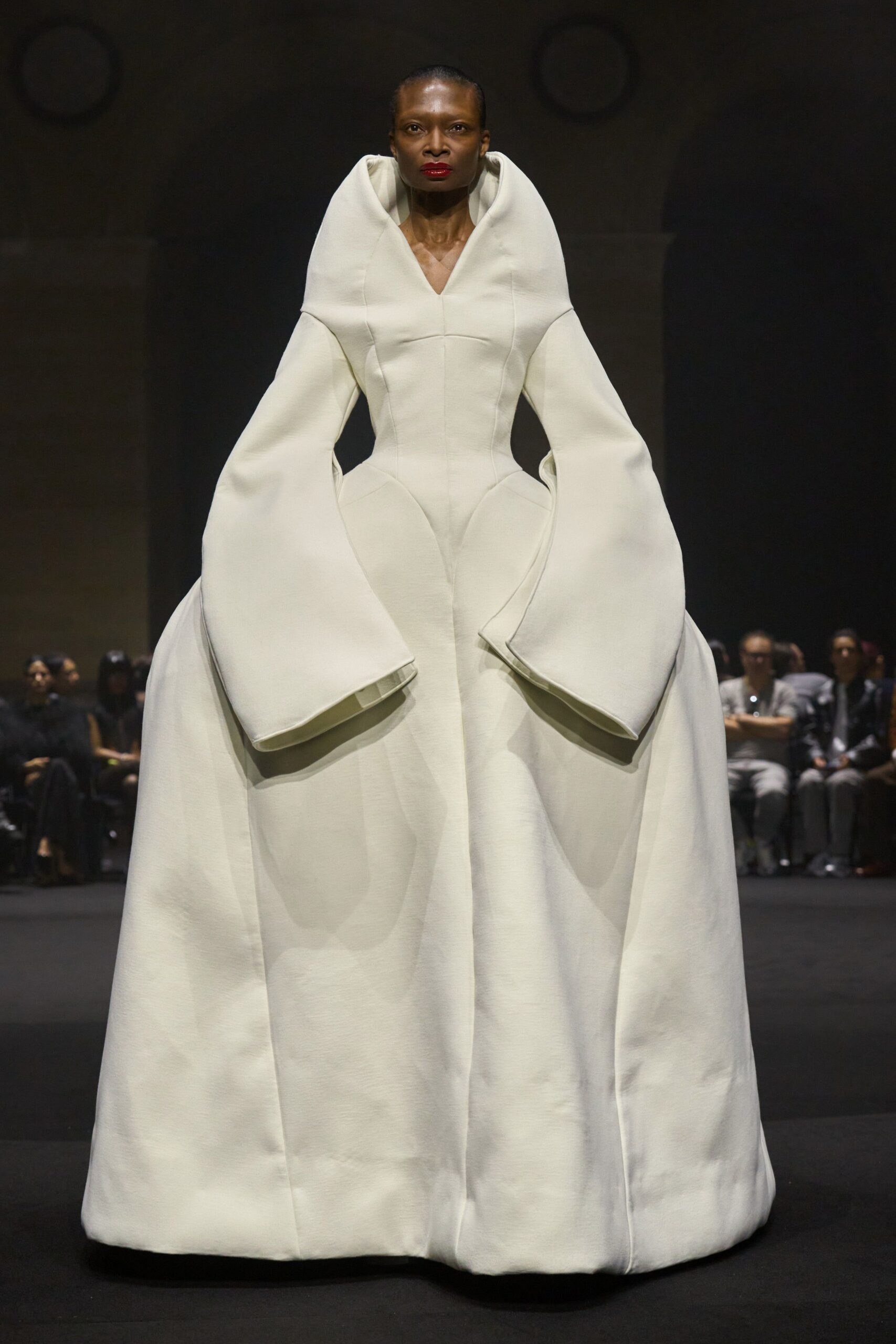 white fitted long-sleeve gown