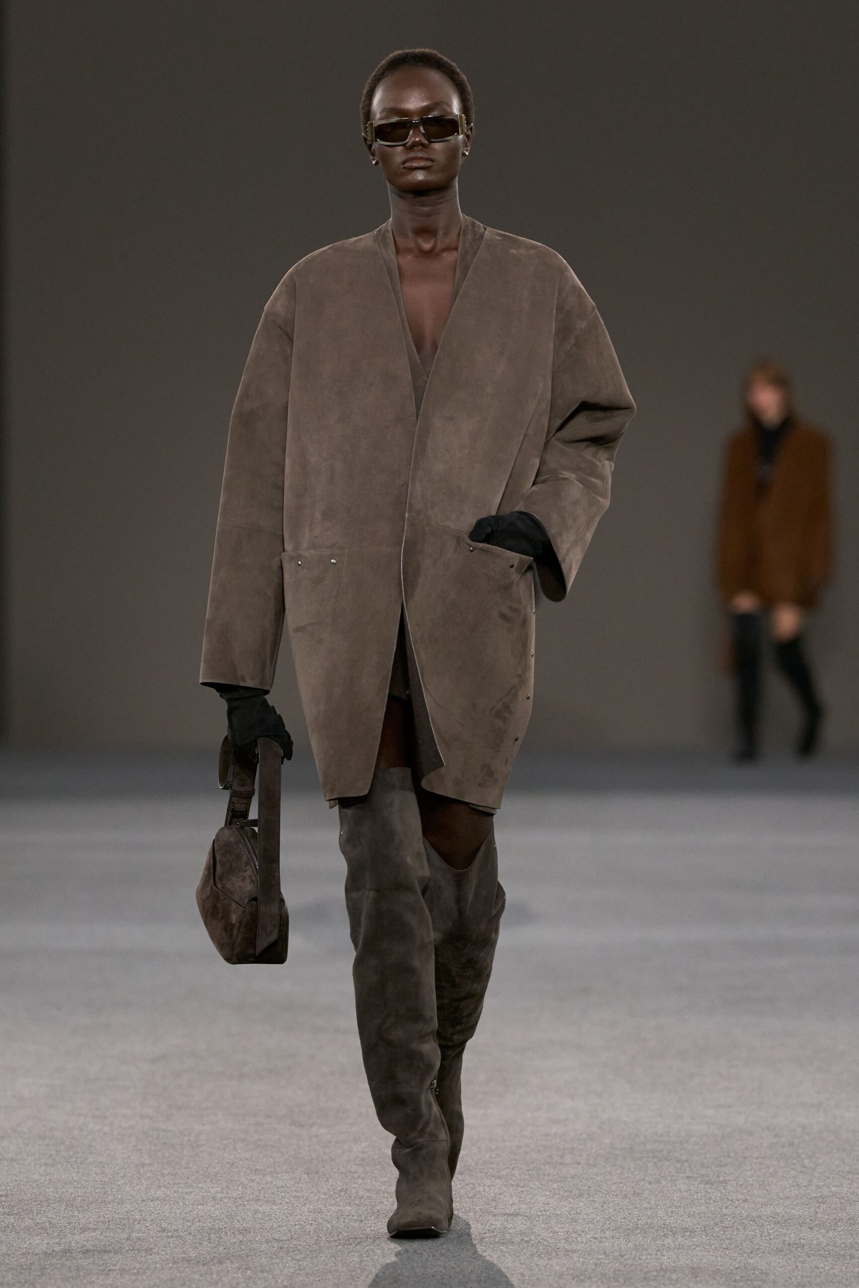 brown suede long-sleeve collared oversized coat