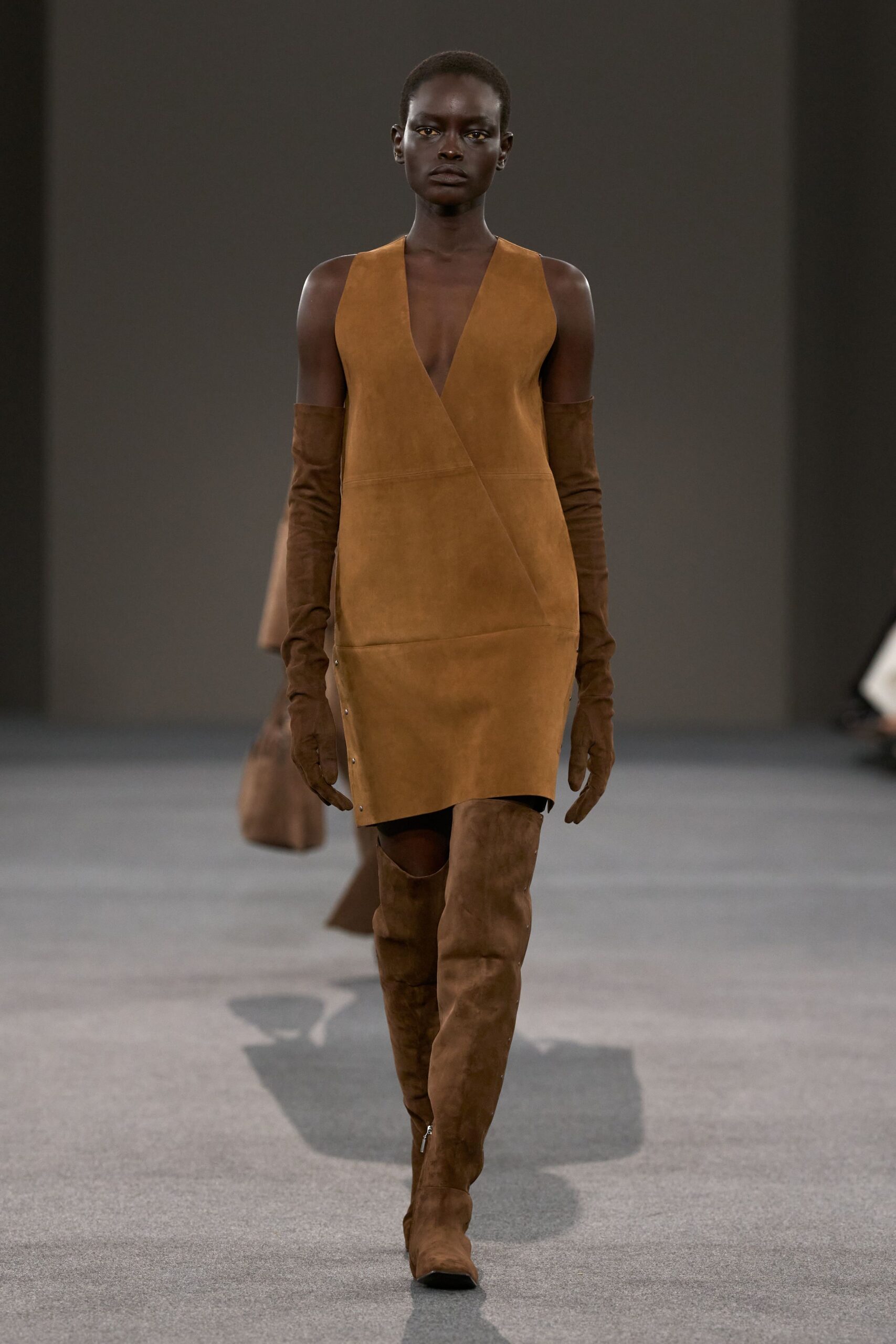 brown suede sleeveless v-neck fitted mini dress