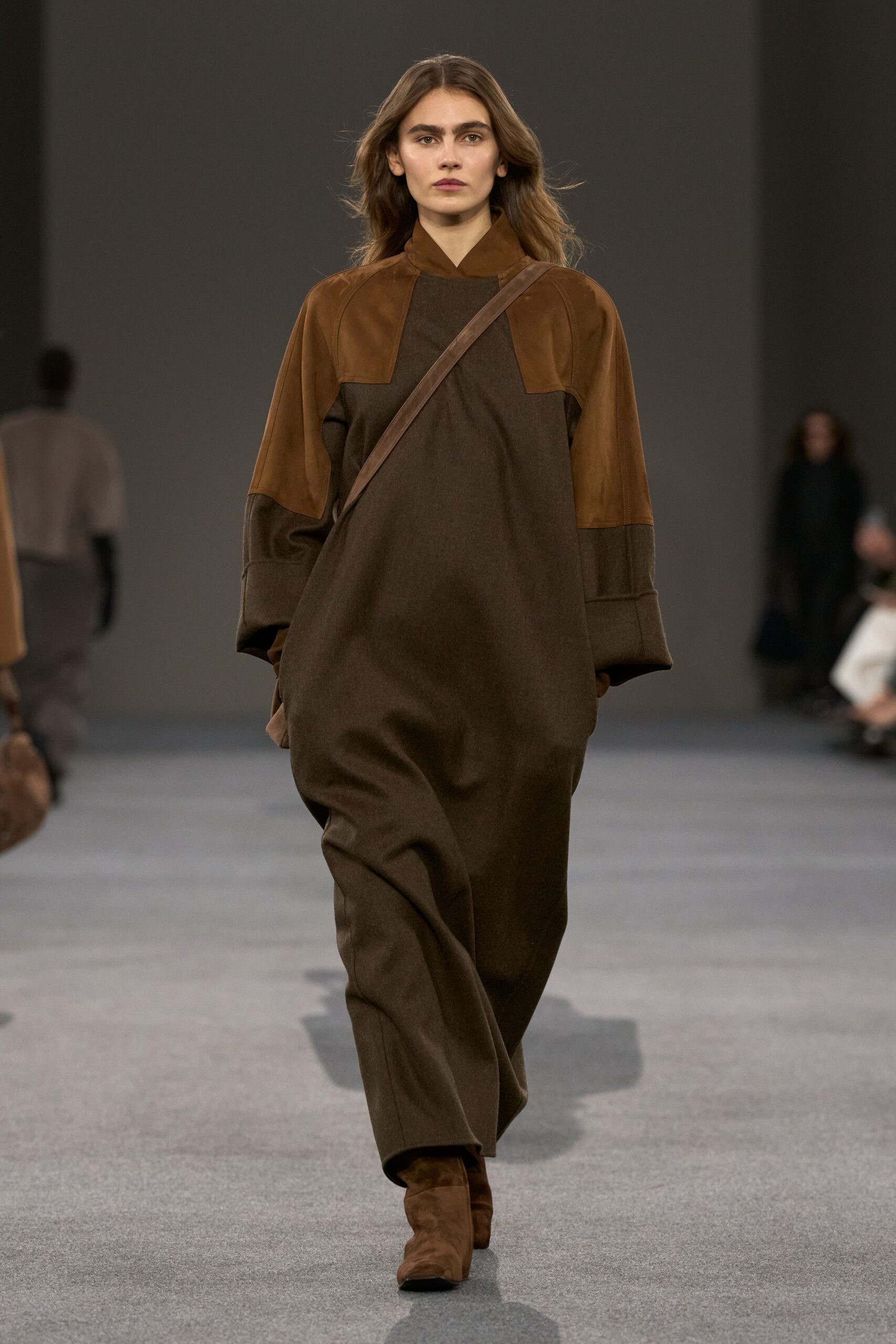 brown wool long-sleeve collared relaxed layered maxi dress