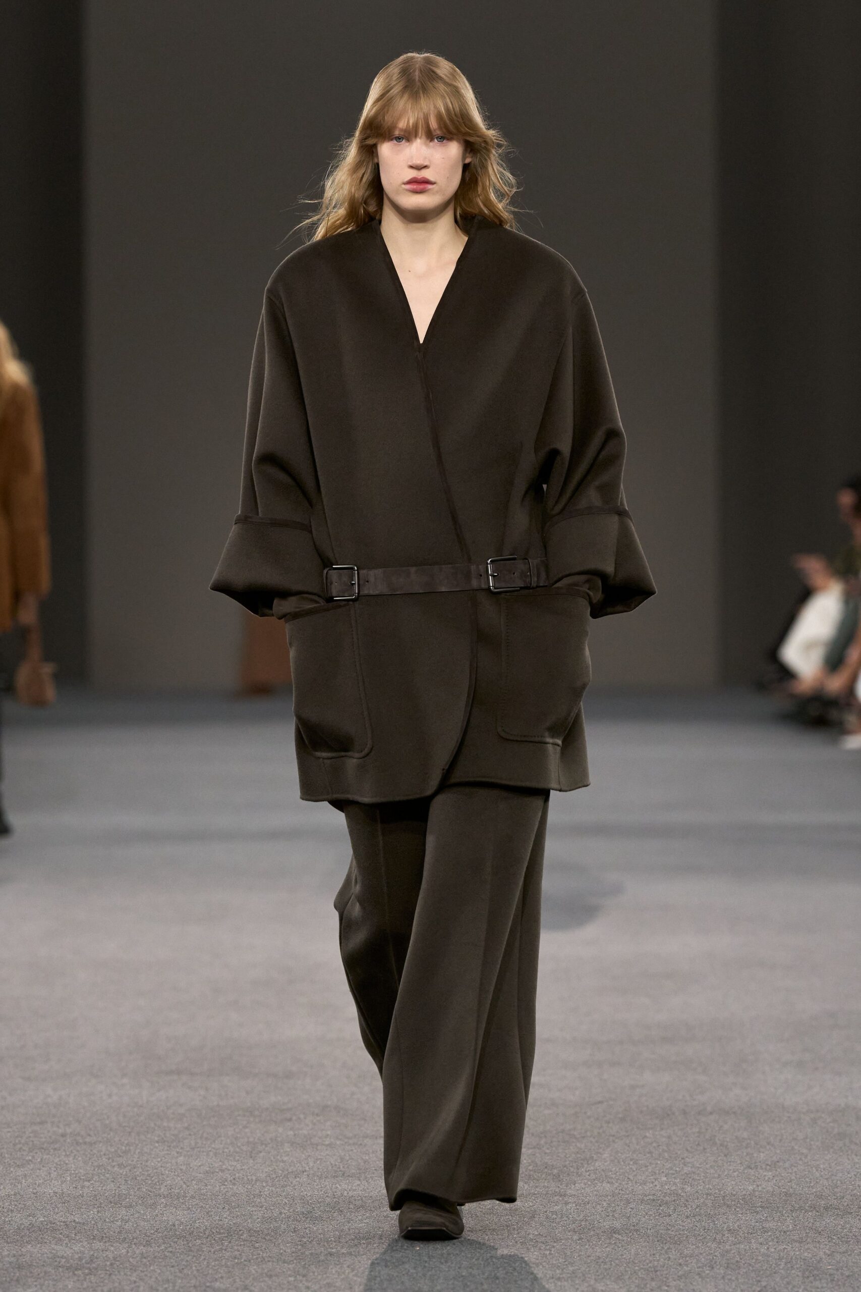 brown wool long-sleeve collared relaxed belted coat
