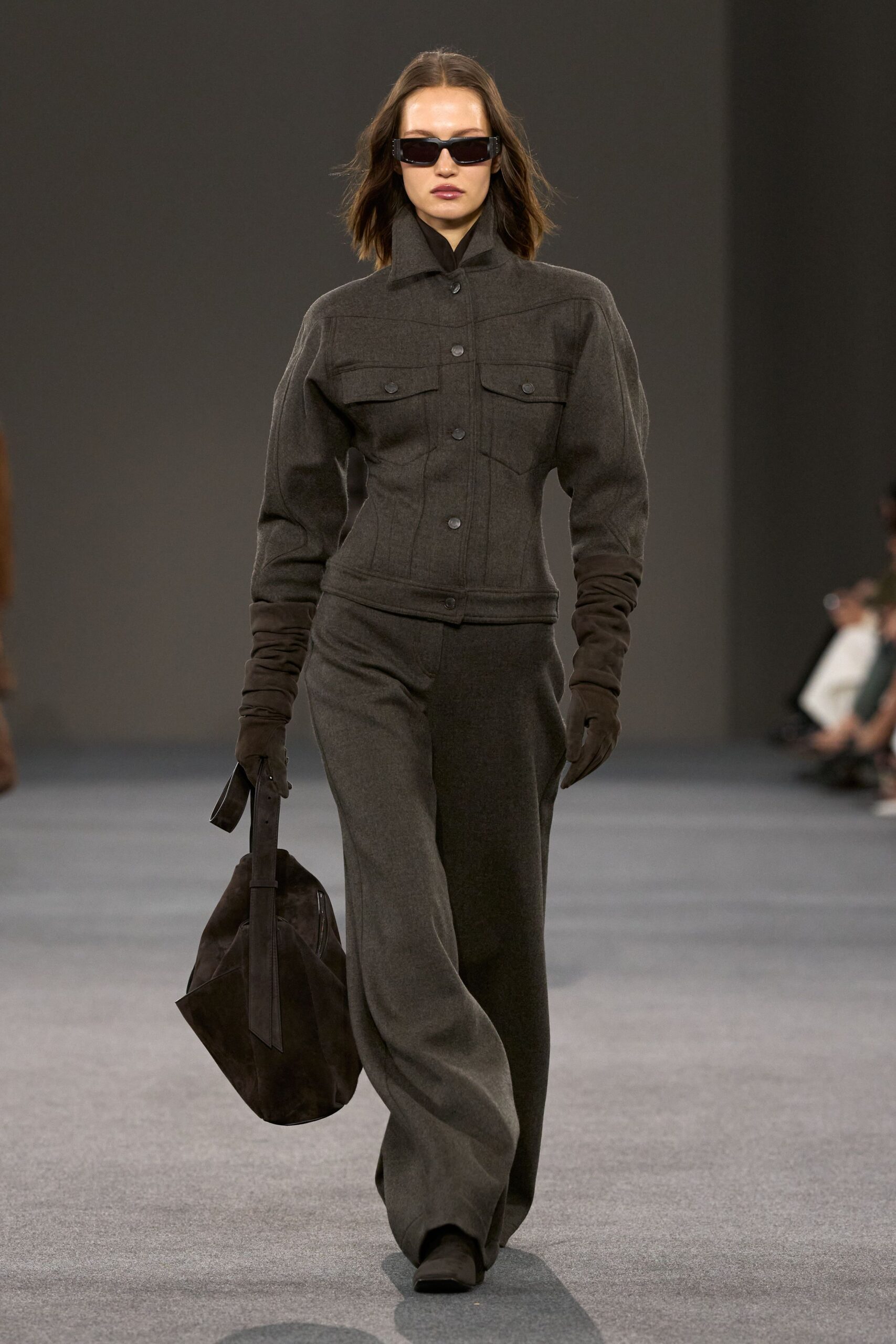 gray denim long-sleeve collared fitted buttoned jacket