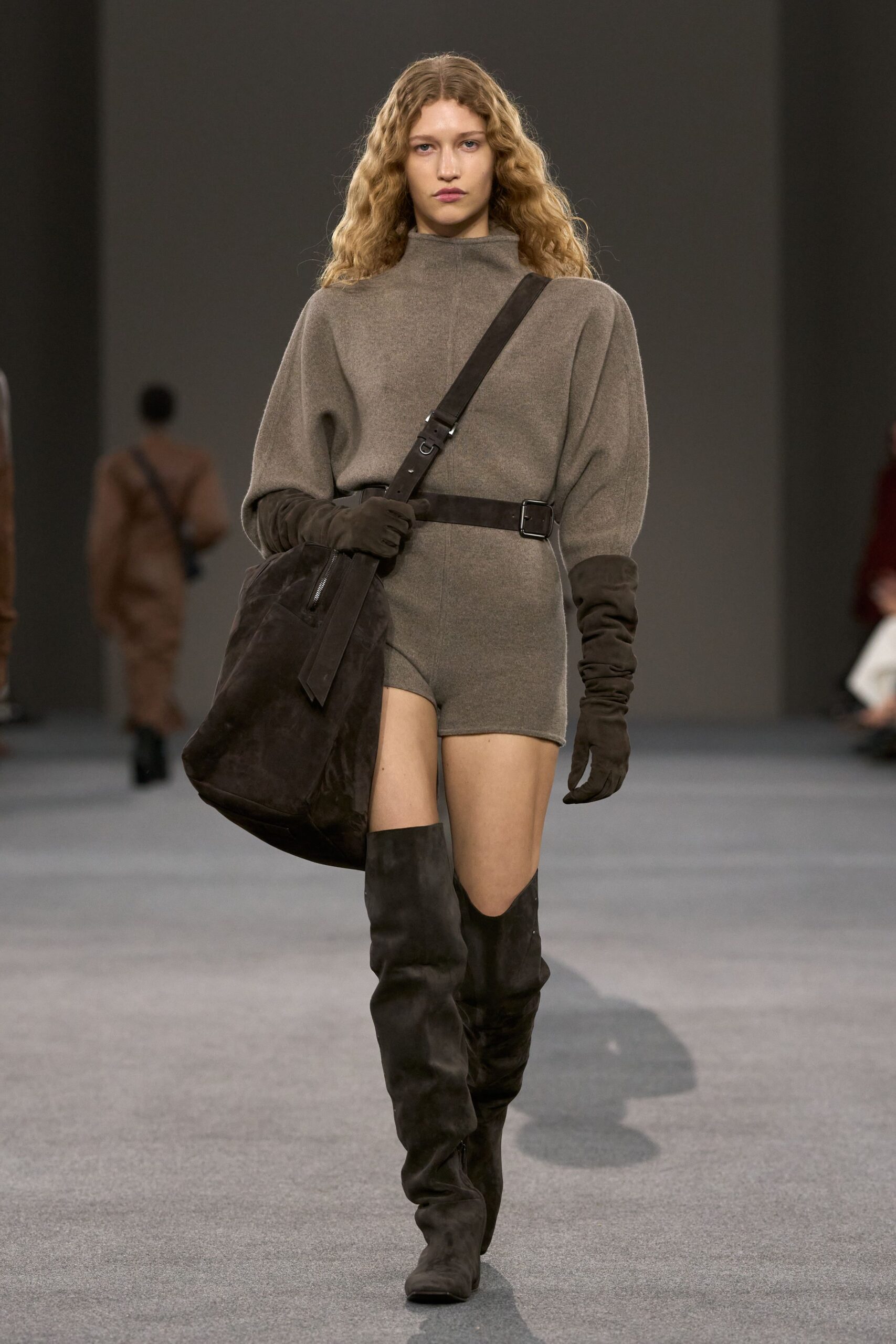 gray wool fitted romper with boots