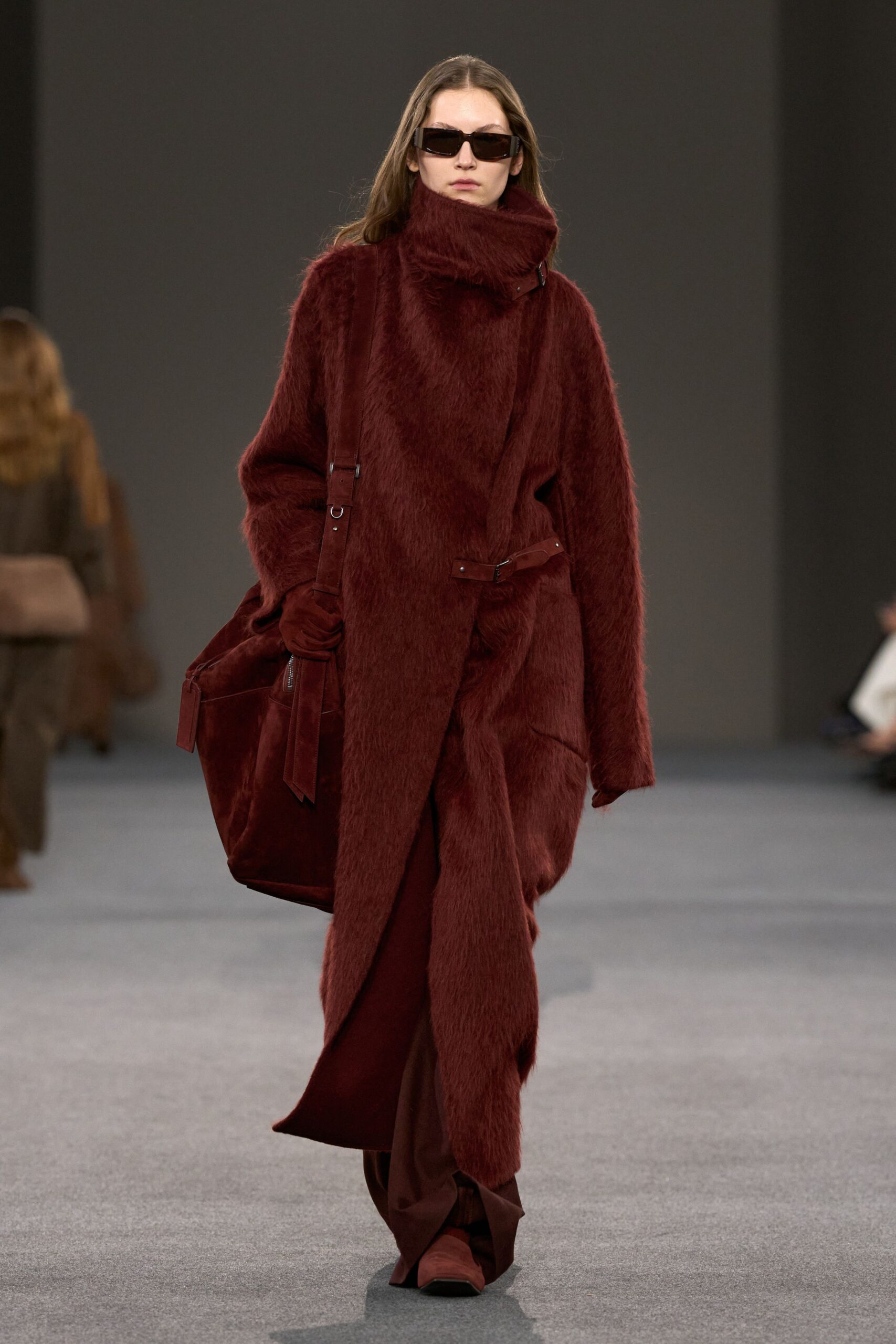 red faux-fur long-sleeve collared oversized belted maxi coat