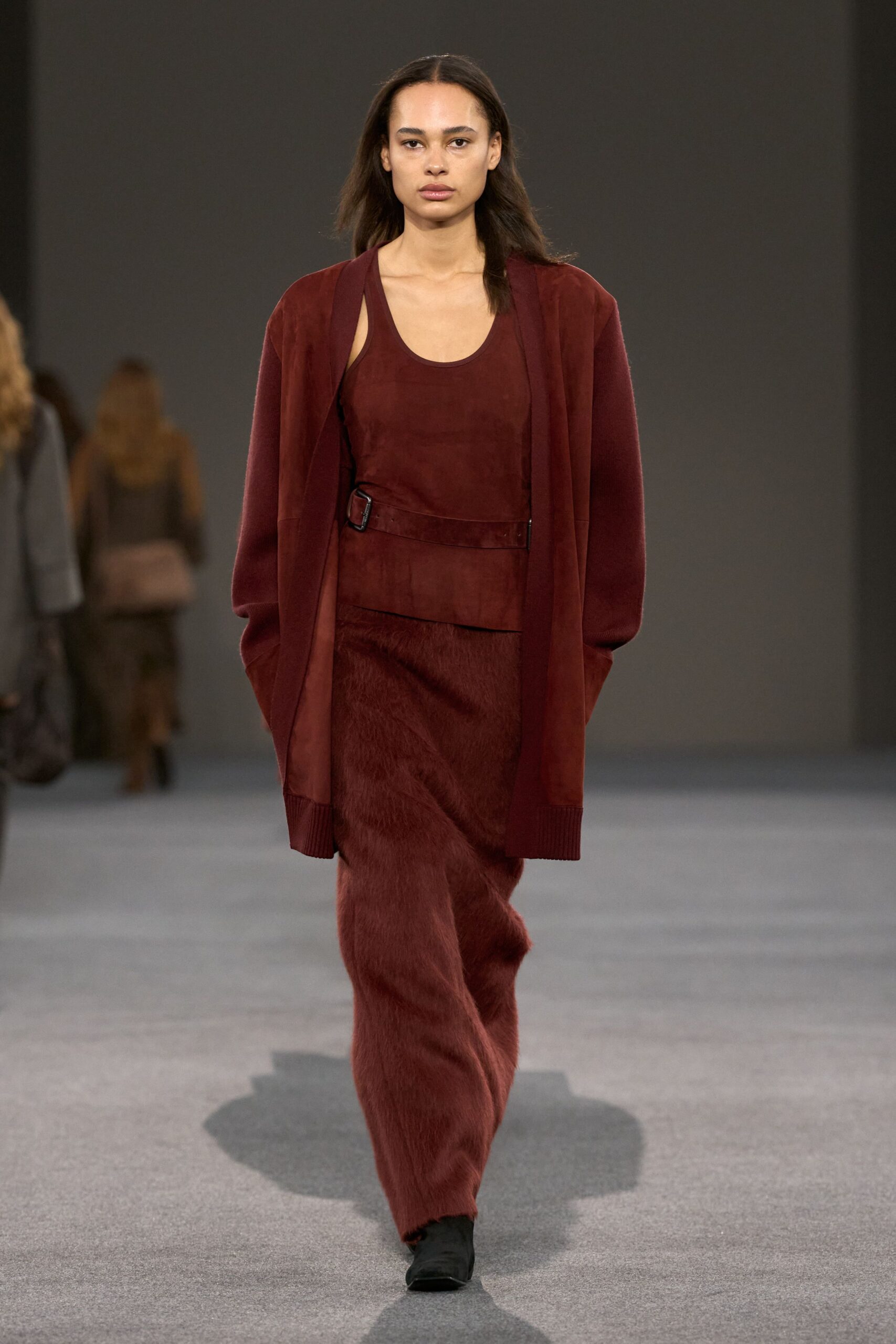 red suede sleeveless high-neck fitted layered maxi dress