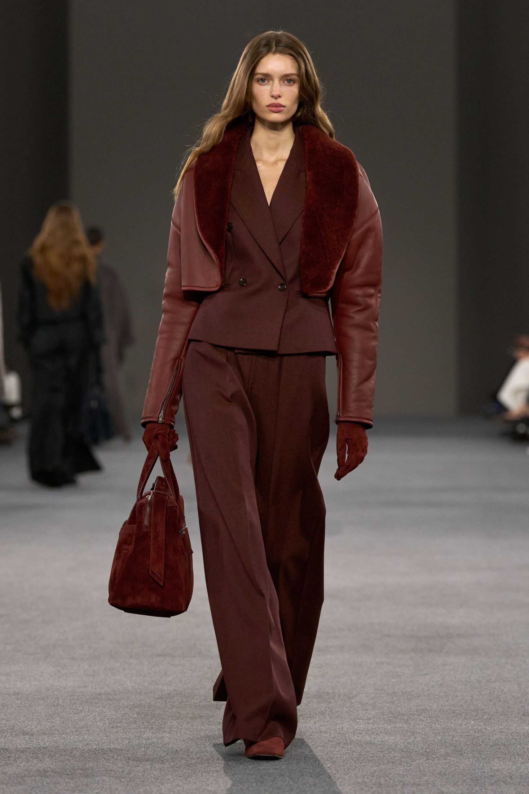 red wool long-sleeve collared structured padded blazer