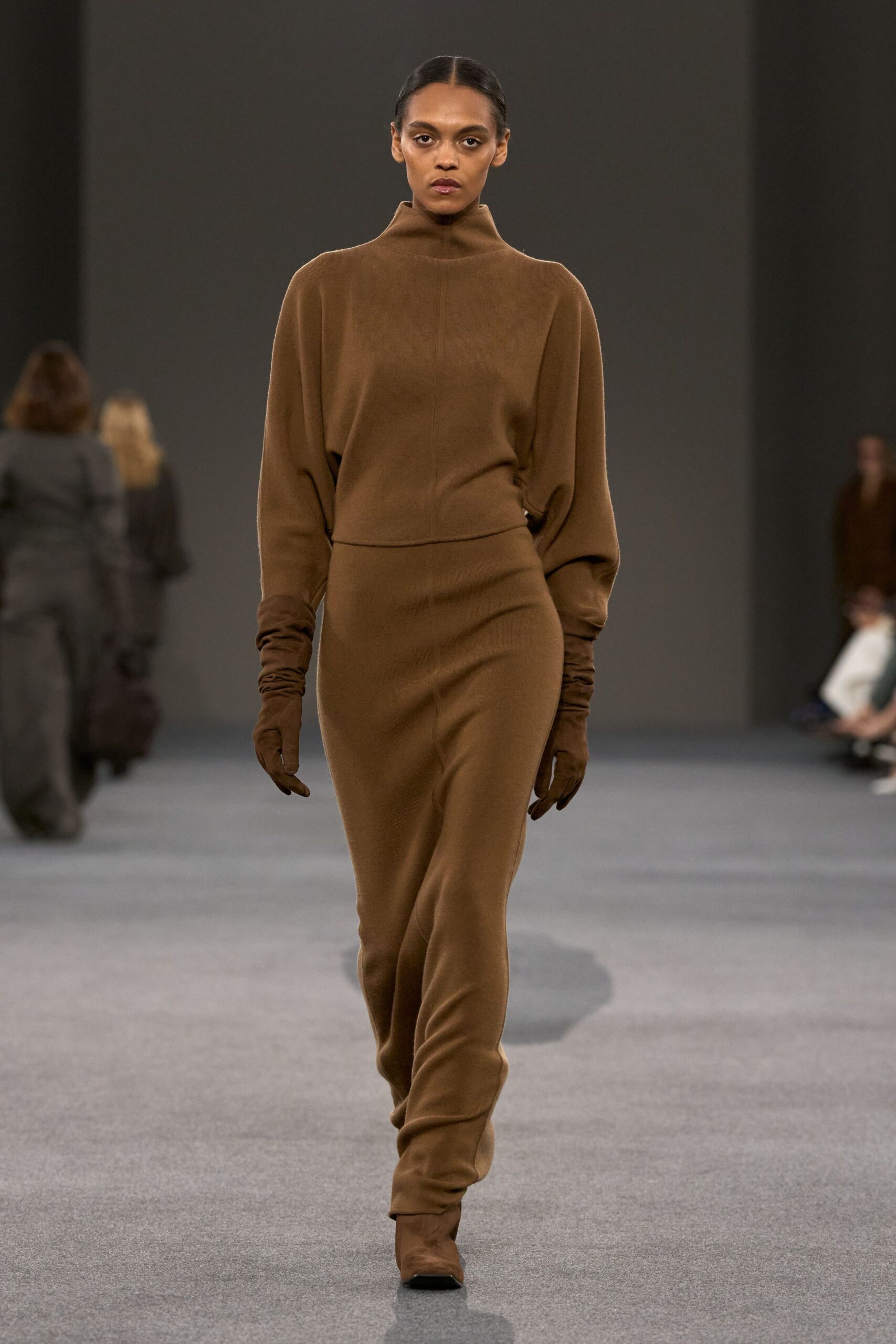 brown wool long-sleeve high-neck fitted maxi dress