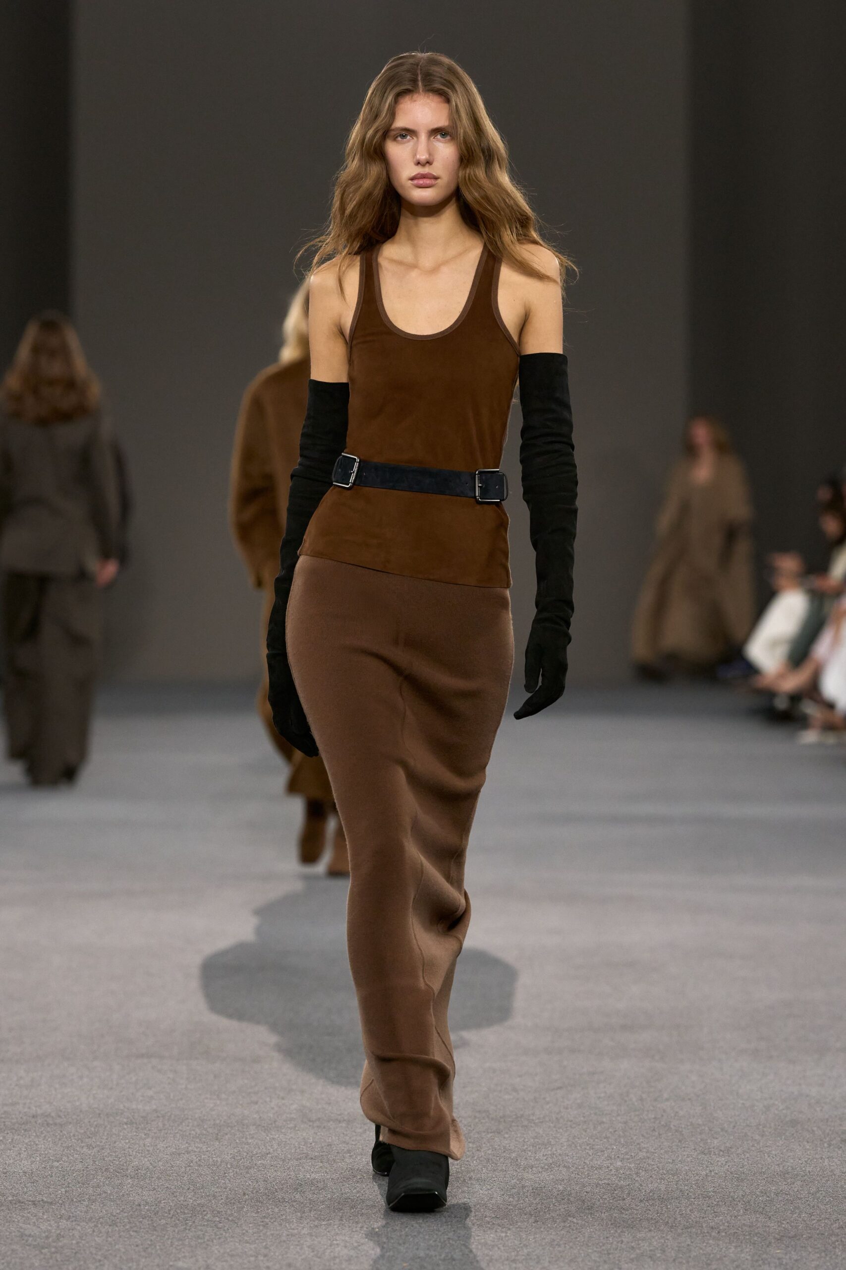 brown velvet sleeveless high-neck fitted straight-leg maxi dress