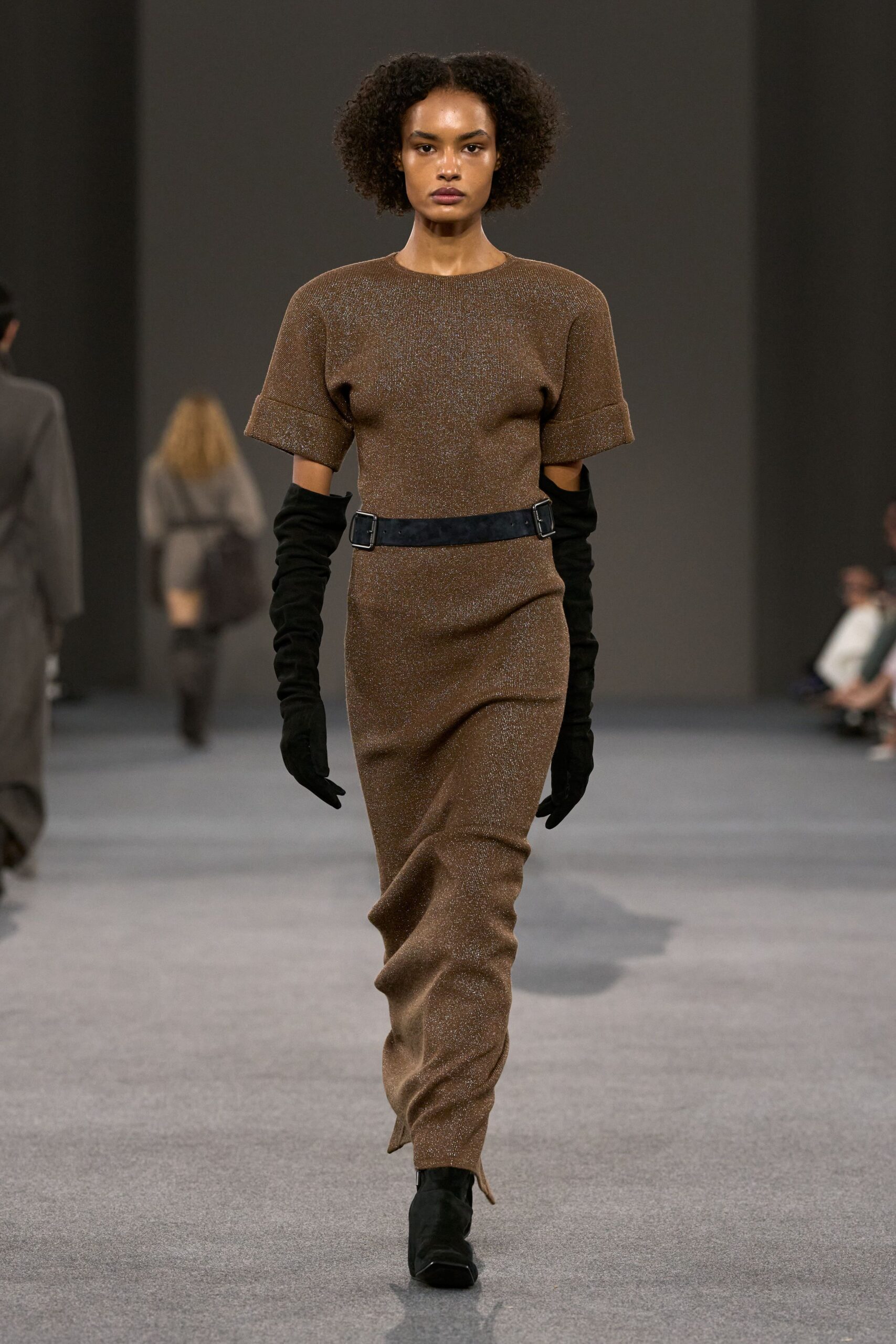 brown wool short-sleeve fitted straight-leg belted textured dress
