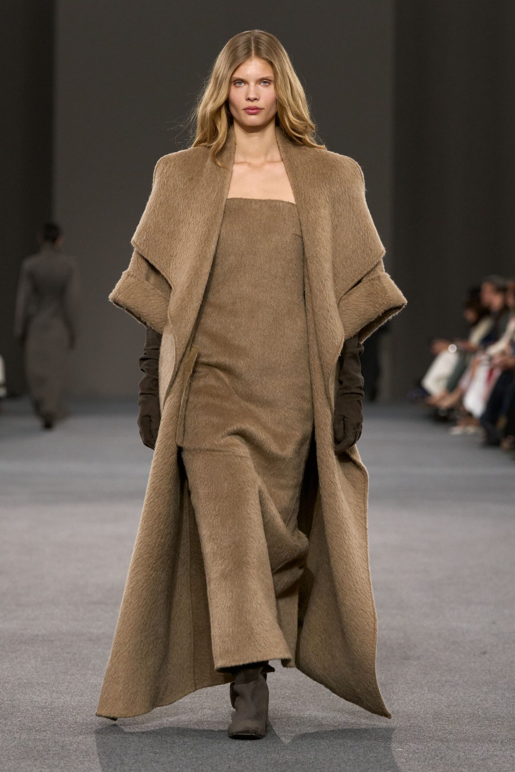 brown wool long-sleeve relaxed draped maxi coat