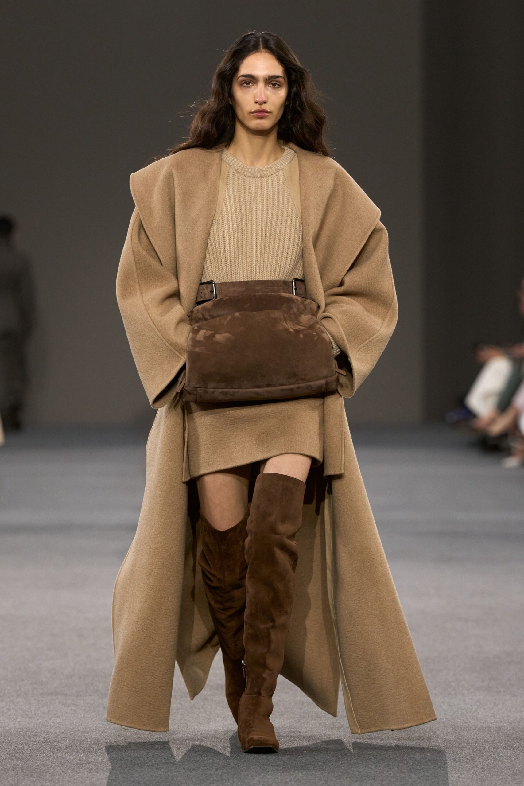 beige wool long-sleeve oversized belted coat