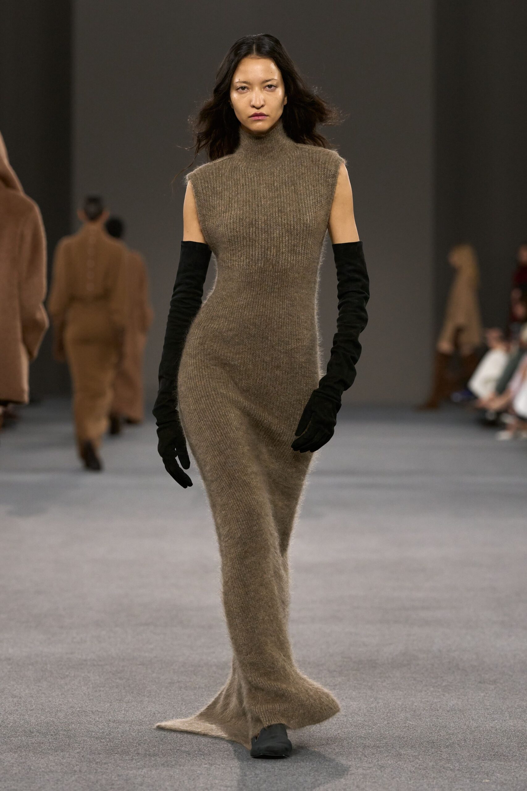 brown wool sleeveless high-neck fitted straight-leg maxi gown