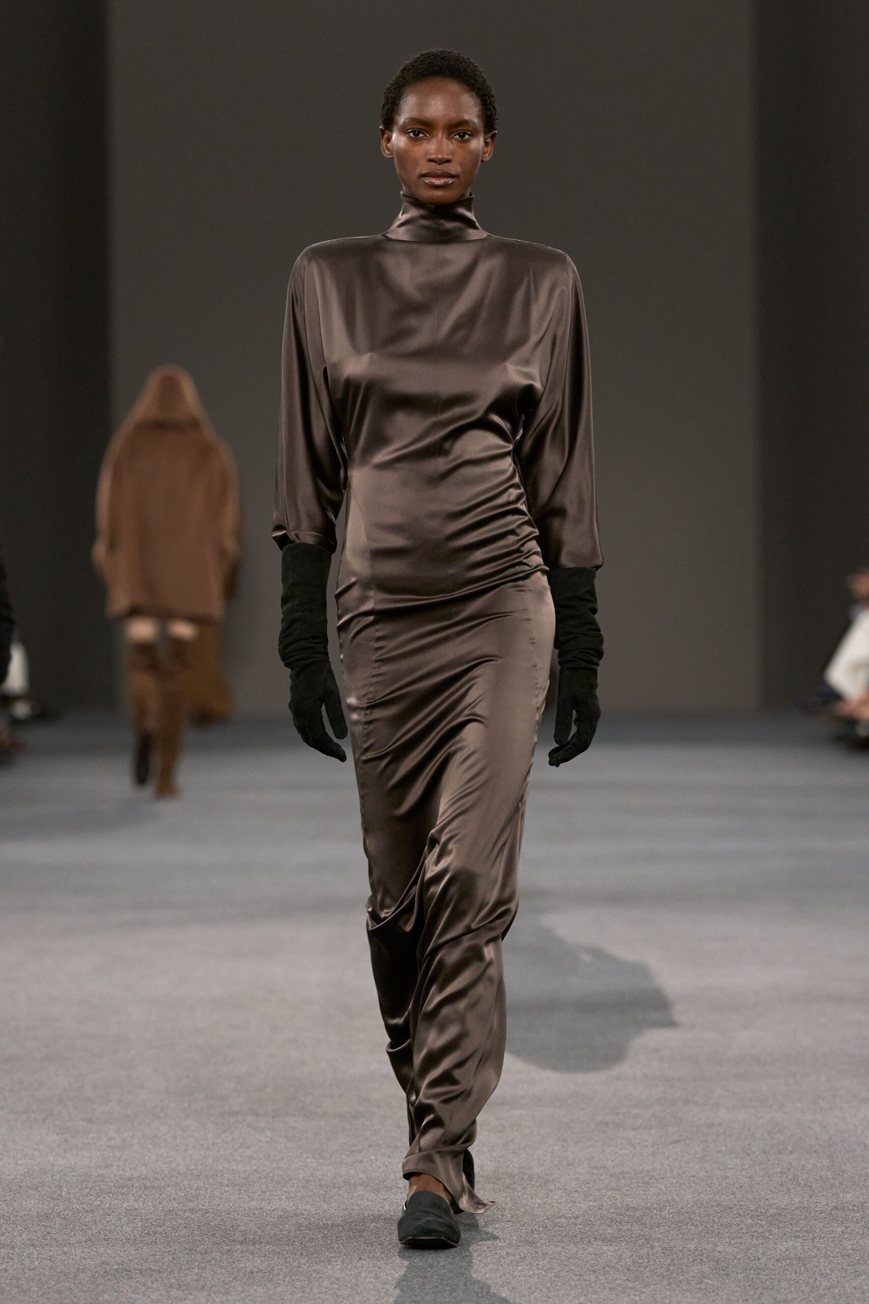 brown silk long-sleeve high-neck fitted ruched shiny dress