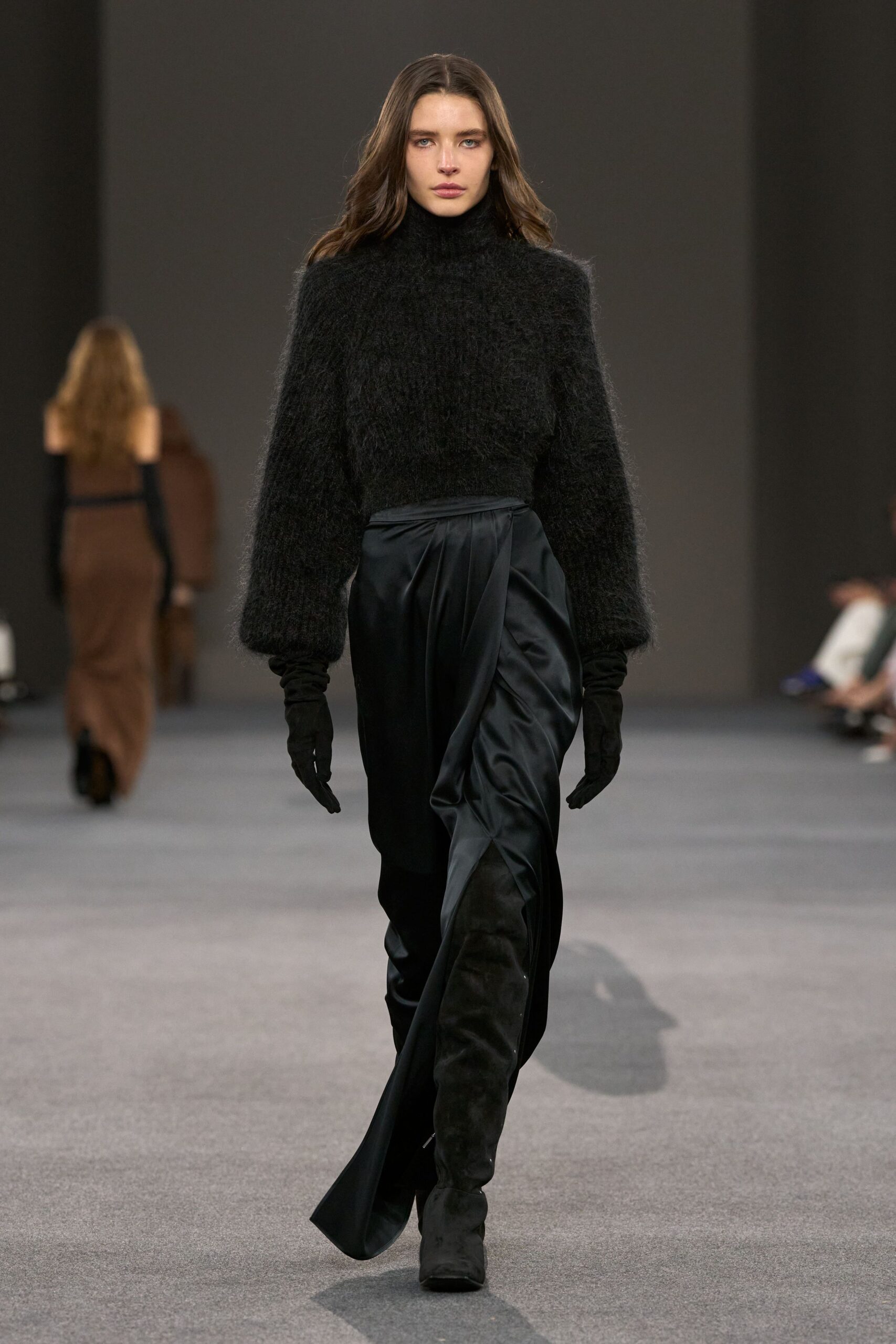 black wool top and silk skirt