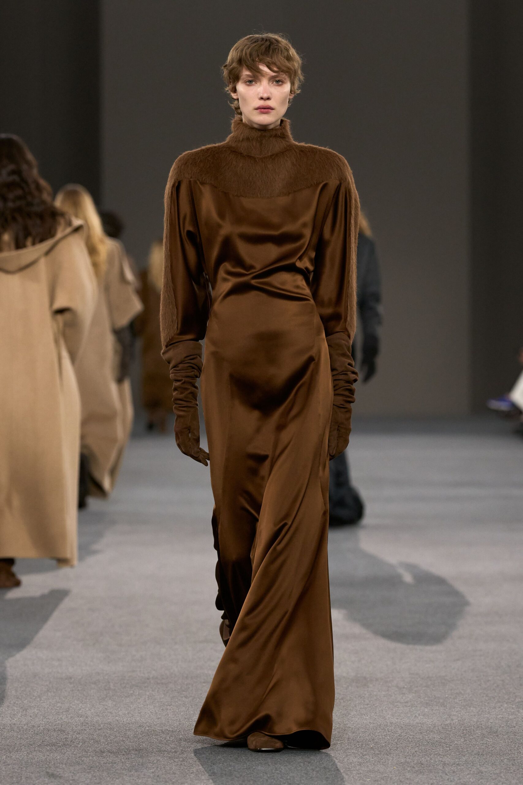 brown silk long-sleeve gown