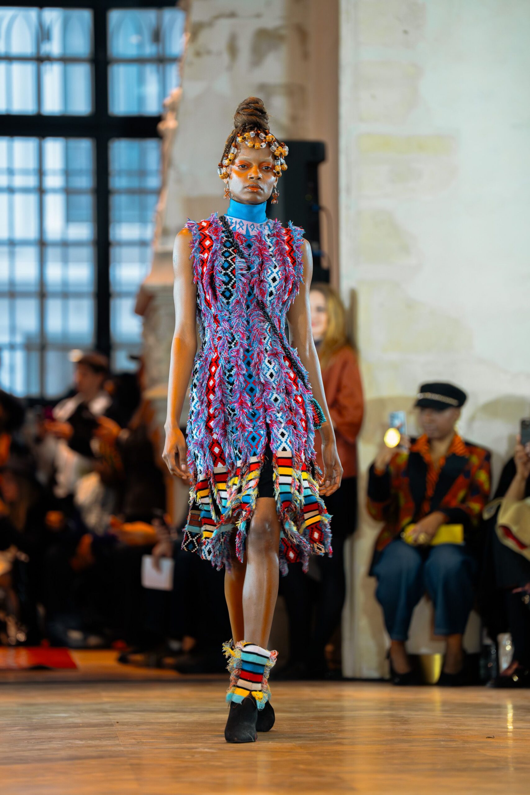 multi cotton sleeveless high-neck fitted layered fringed dress