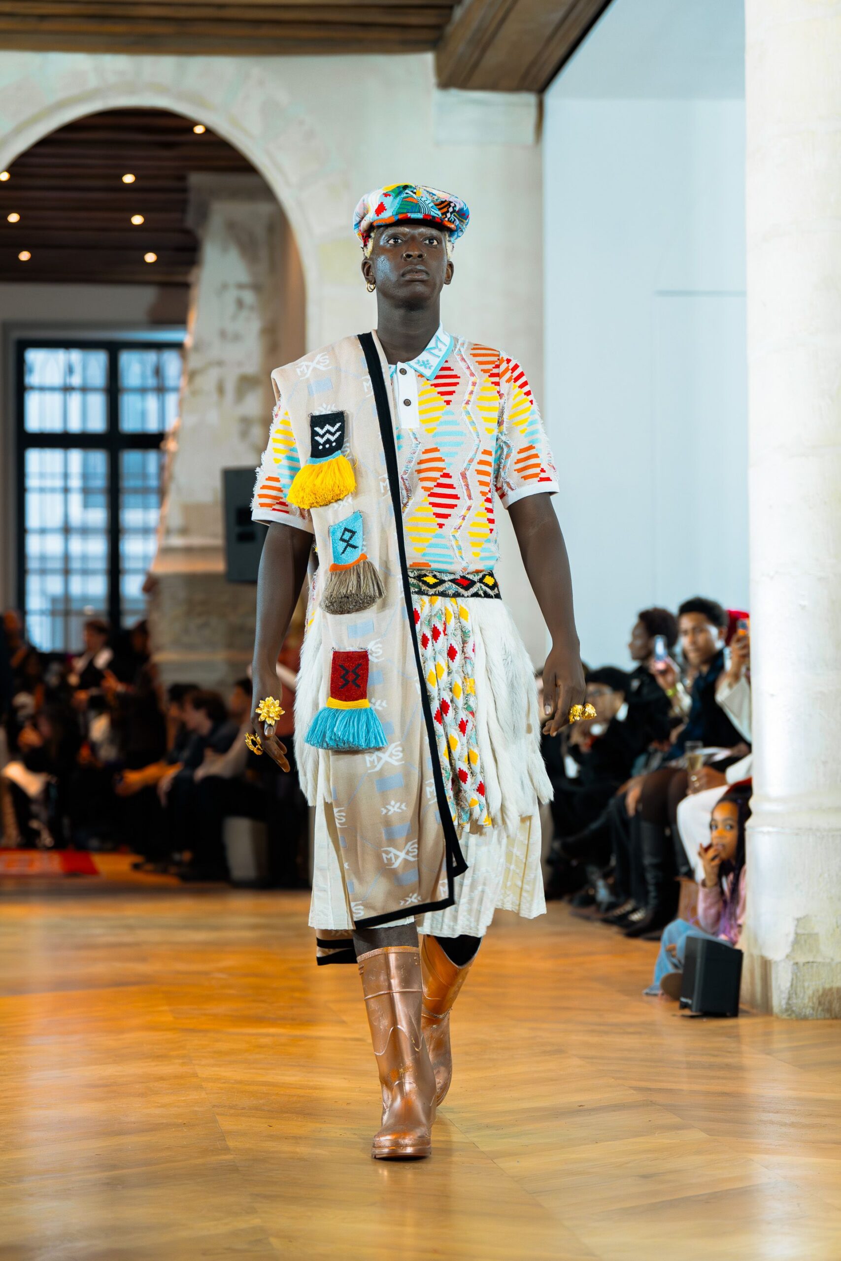 colorful shirt and pleated skirt