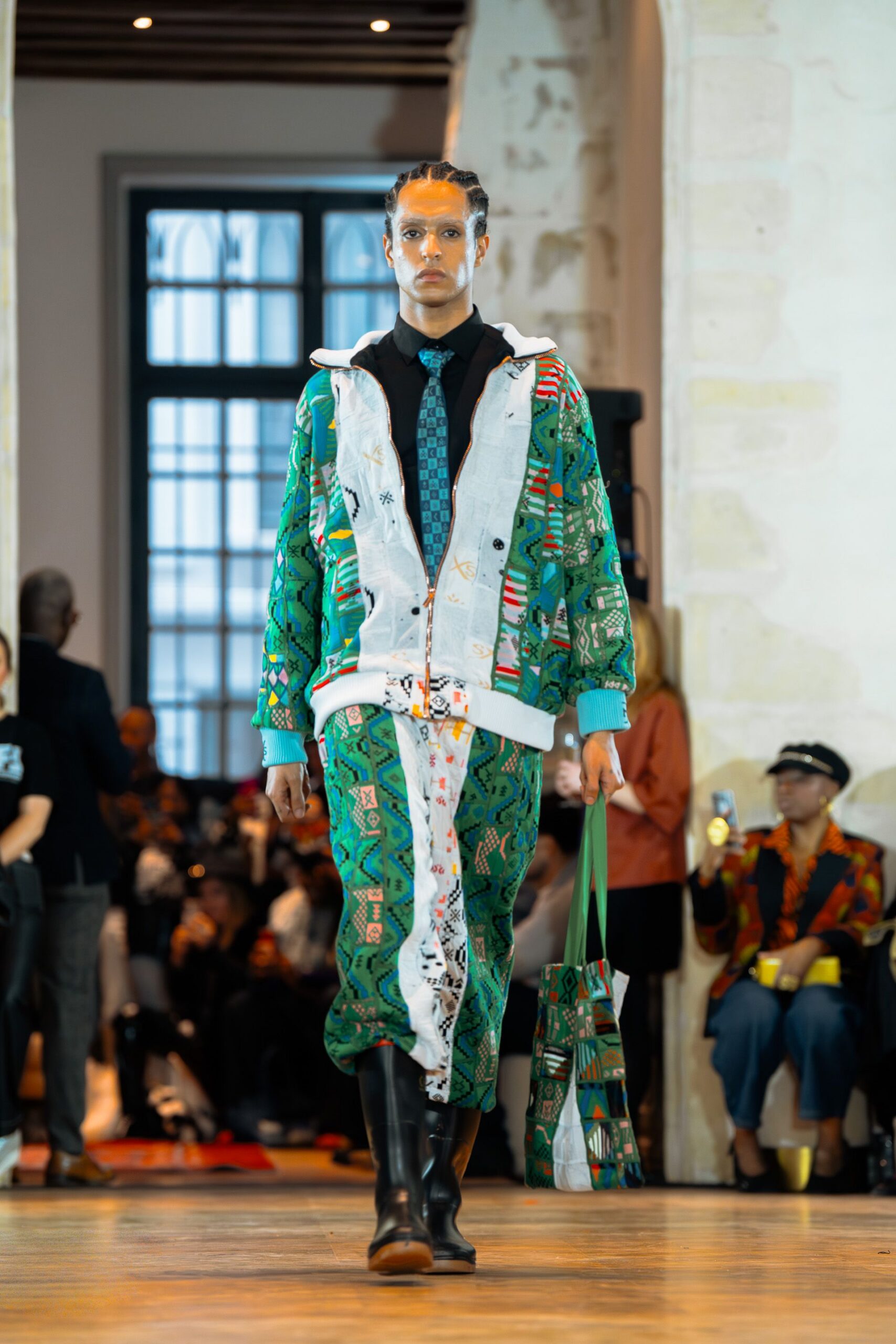 green cotton long-sleeve collared relaxed zippered printed jacket