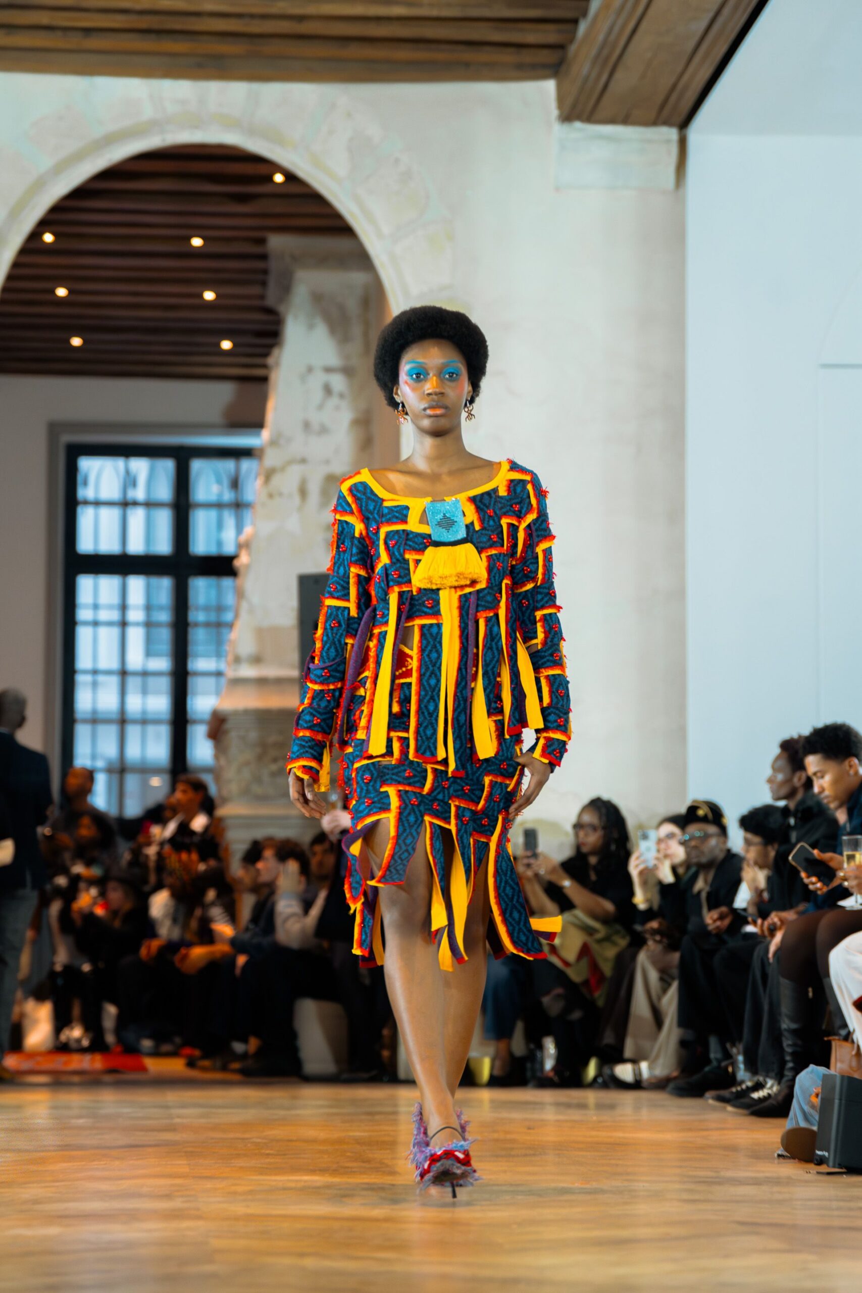 multi-colored pleated midi dress