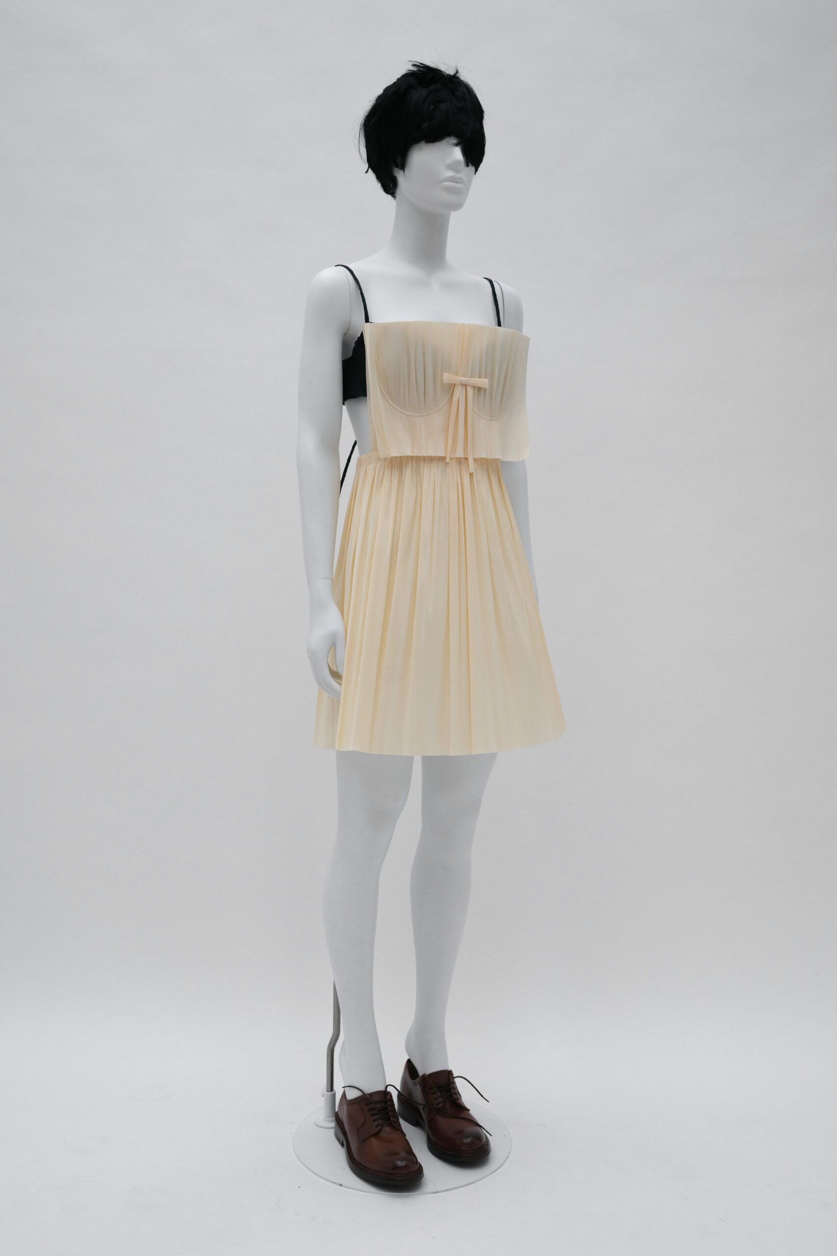 beige silk sleeveless v-neck fitted pleated short dress