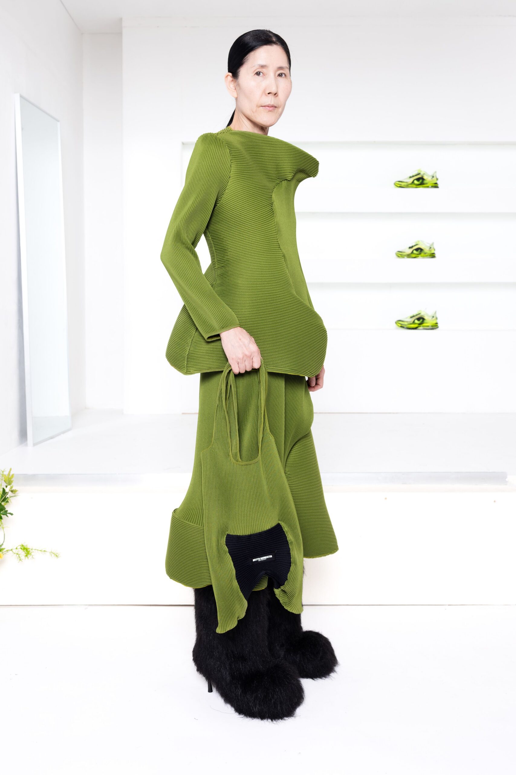 green knit long-sleeve high-neck fitted layered midi dress