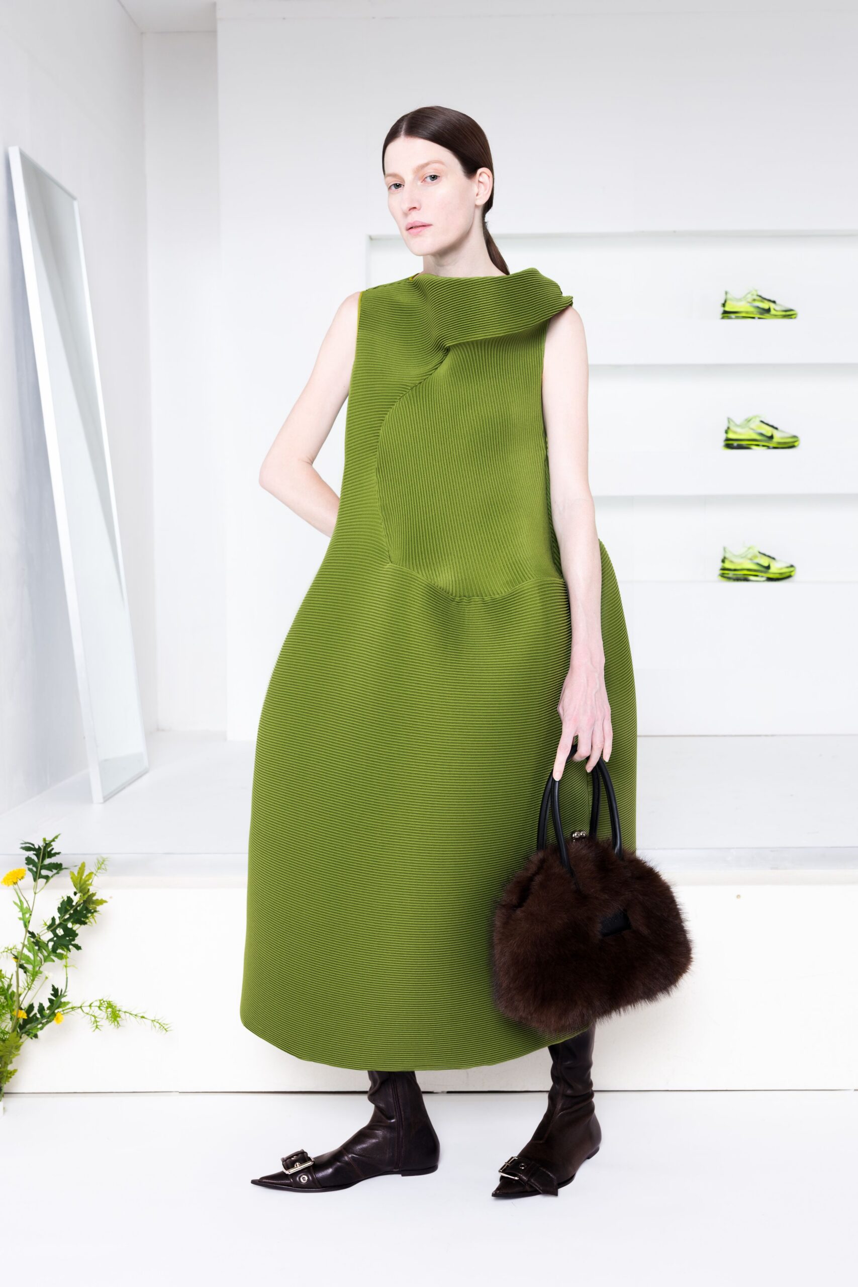 green knit sleeveless high-neck relaxed draped midi dress