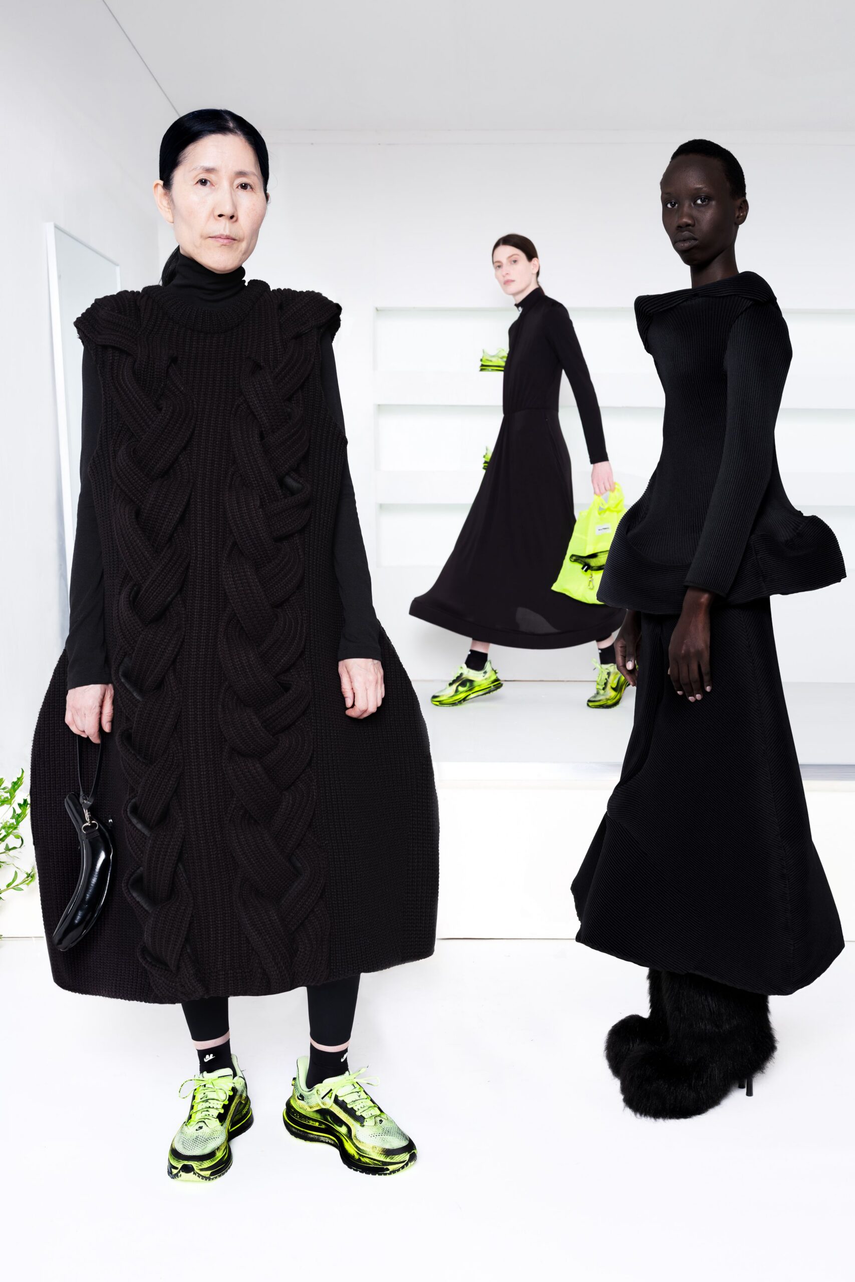 black wool long-sleeve high-neck fitted pleated midi dress