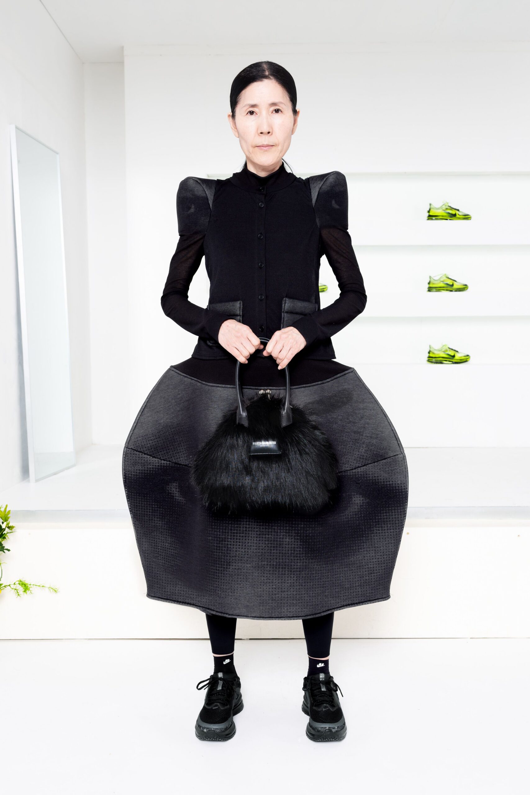 black cotton structured flared skirt
