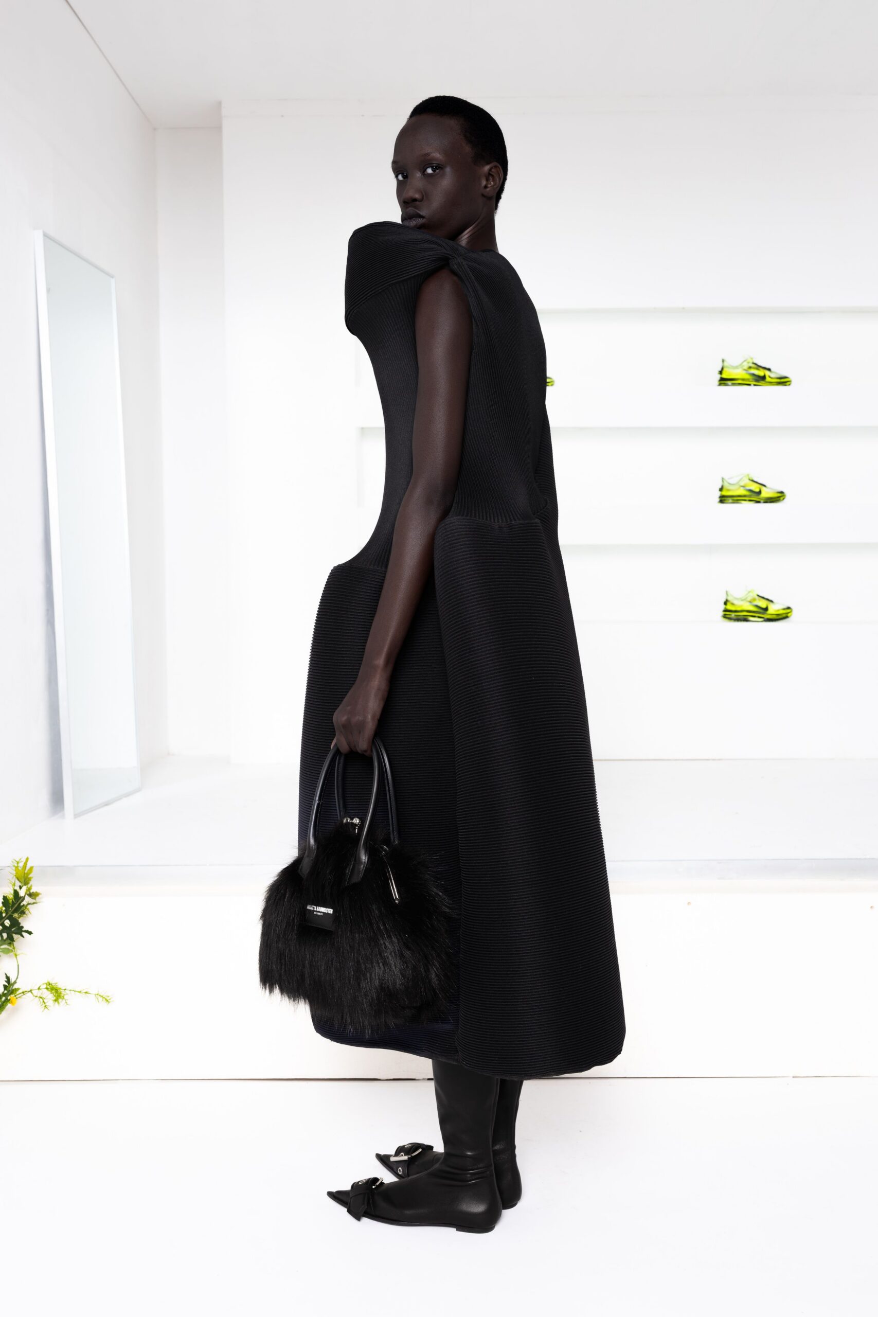black wool sleeveless high-neck fitted draped maxi dress