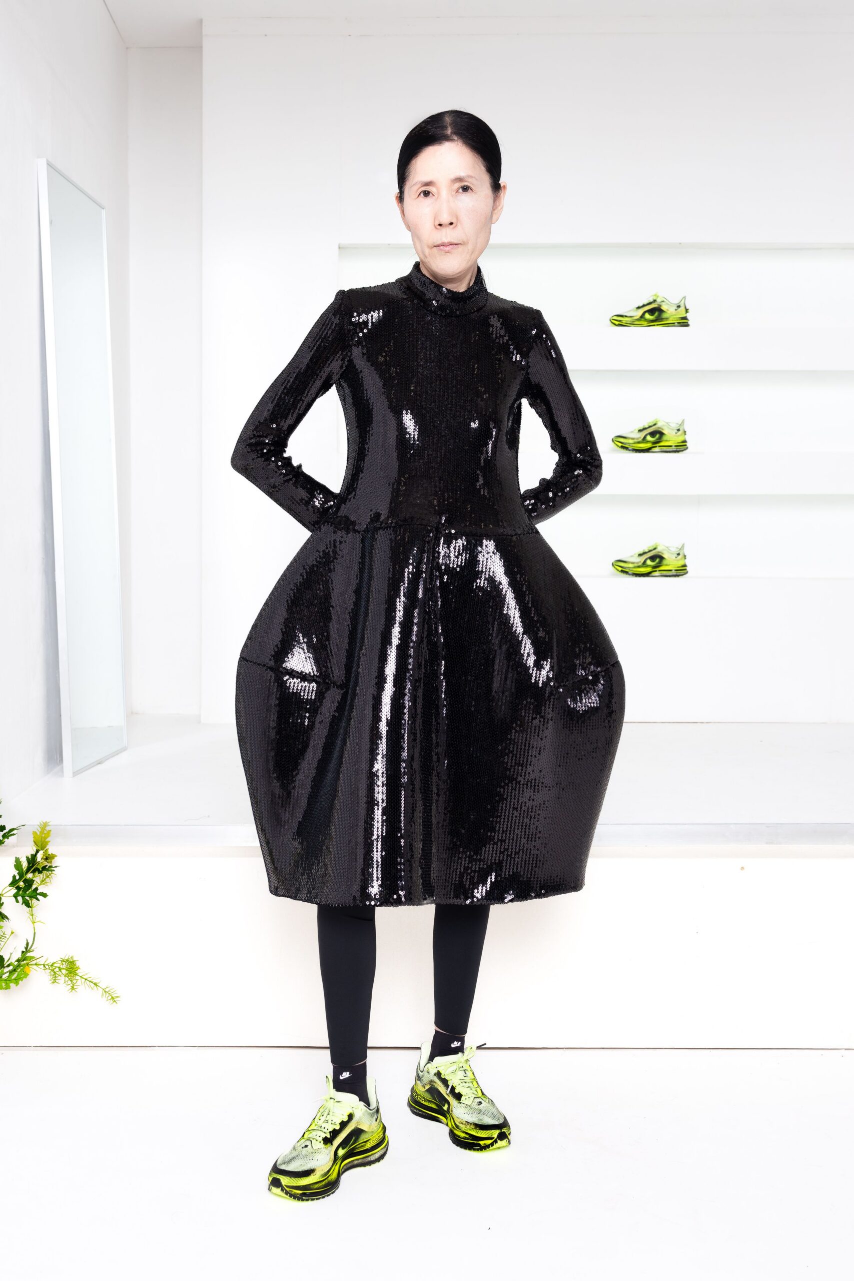 black sequin long-sleeve collared fitted pleated shiny dress