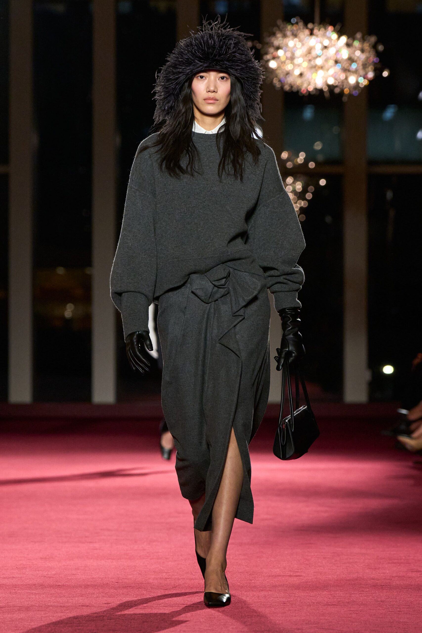 gray wool slit asymmetric relaxed high-waisted midi skirt