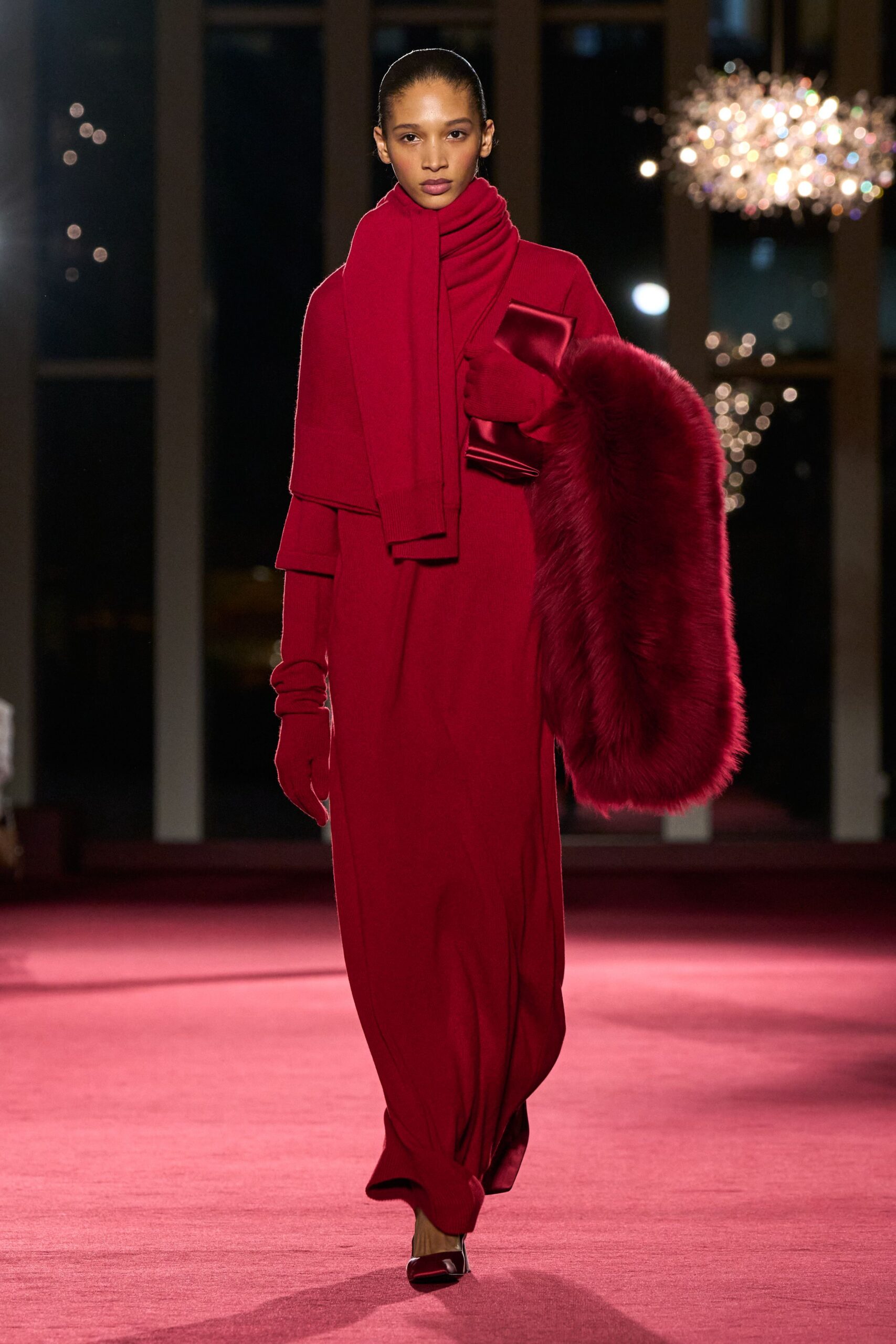 red wool long-sleeve high-neck fitted draped maxi gown