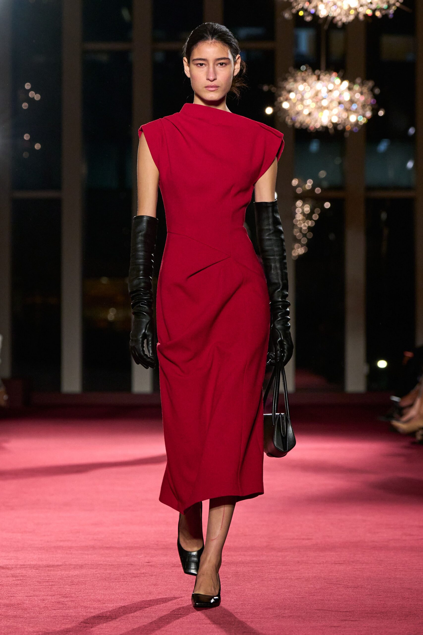 red silk long-sleeve high-neck fitted pleated midi dress