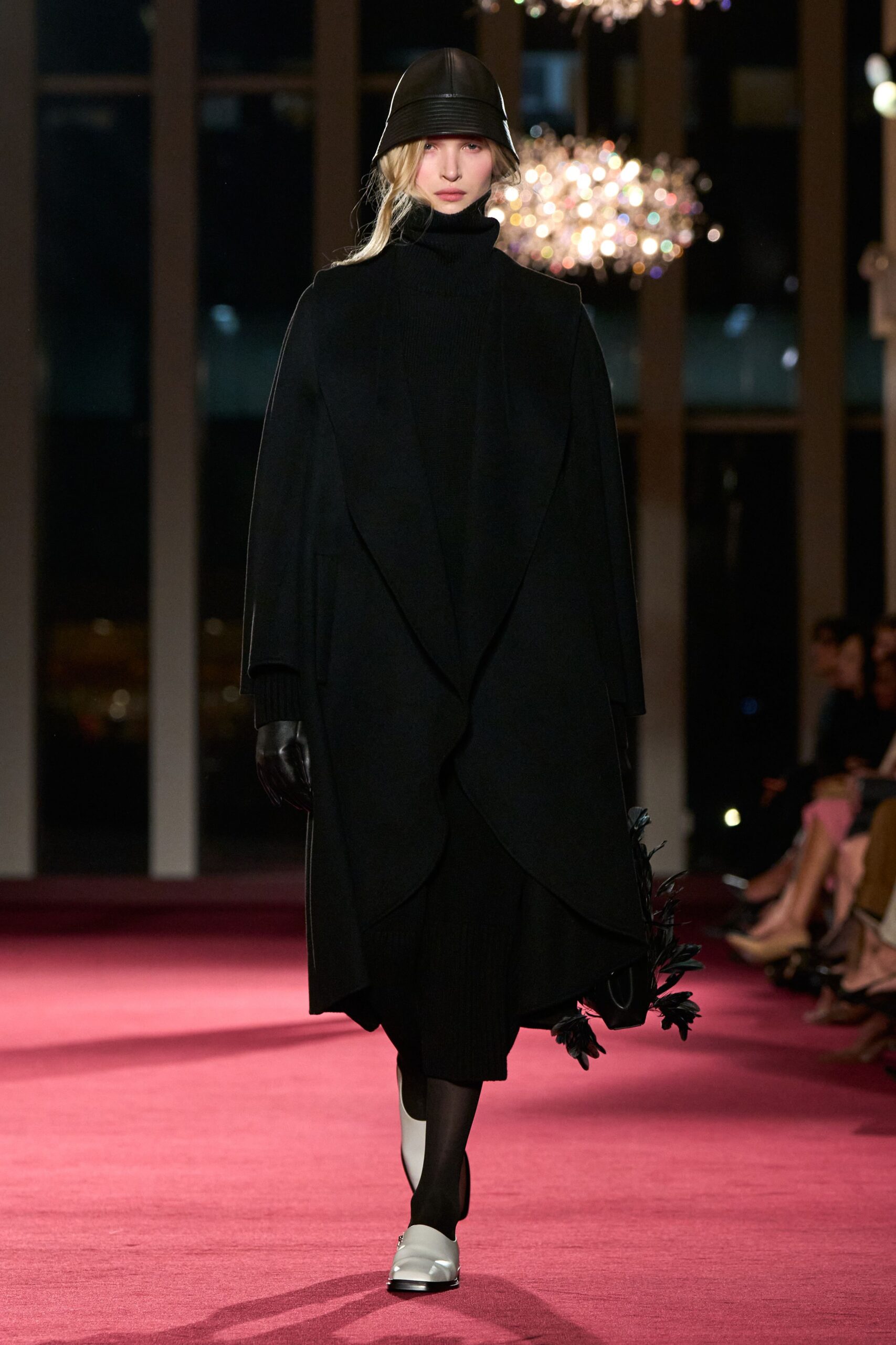 black wool long-sleeve high-neck fitted pleated midi dress