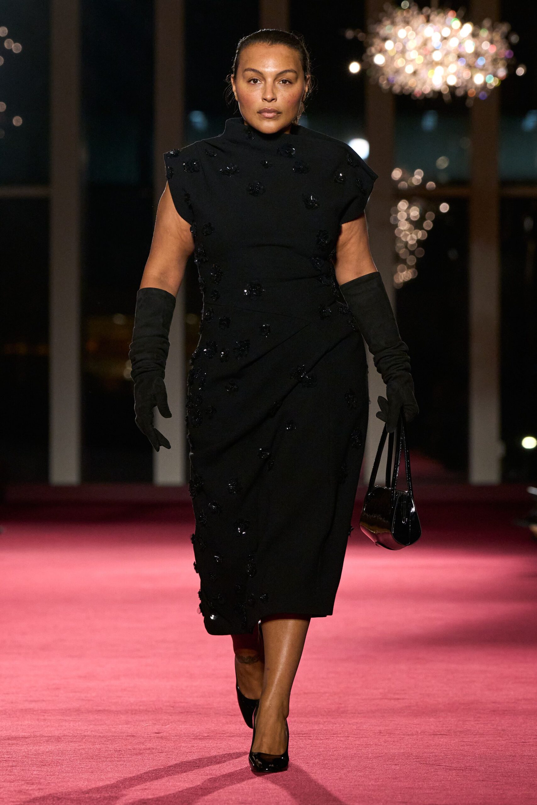 black silk sleeveless high-neck fitted draped embellished dress