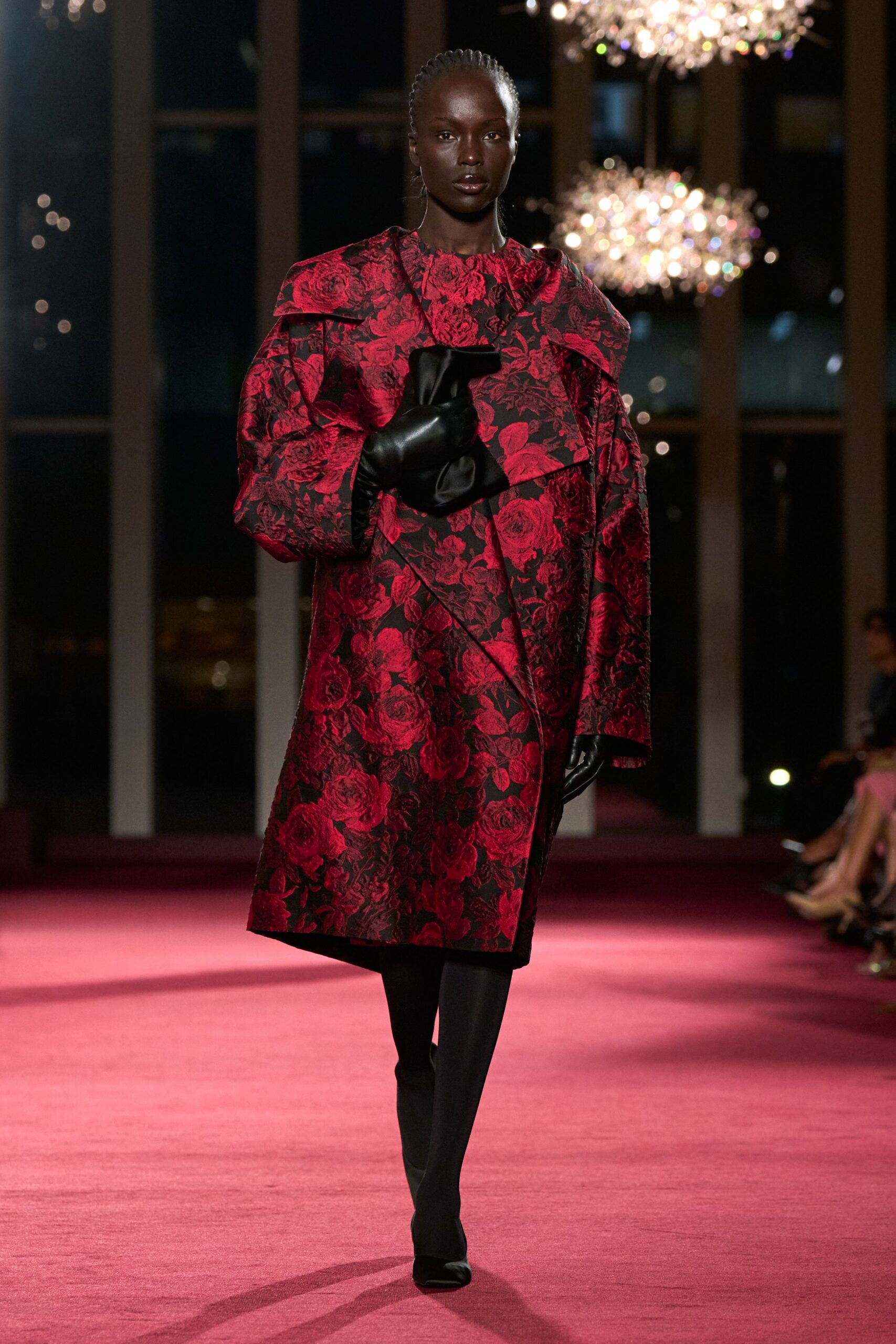 red silk long-sleeve collared oversized floral embroidered coat