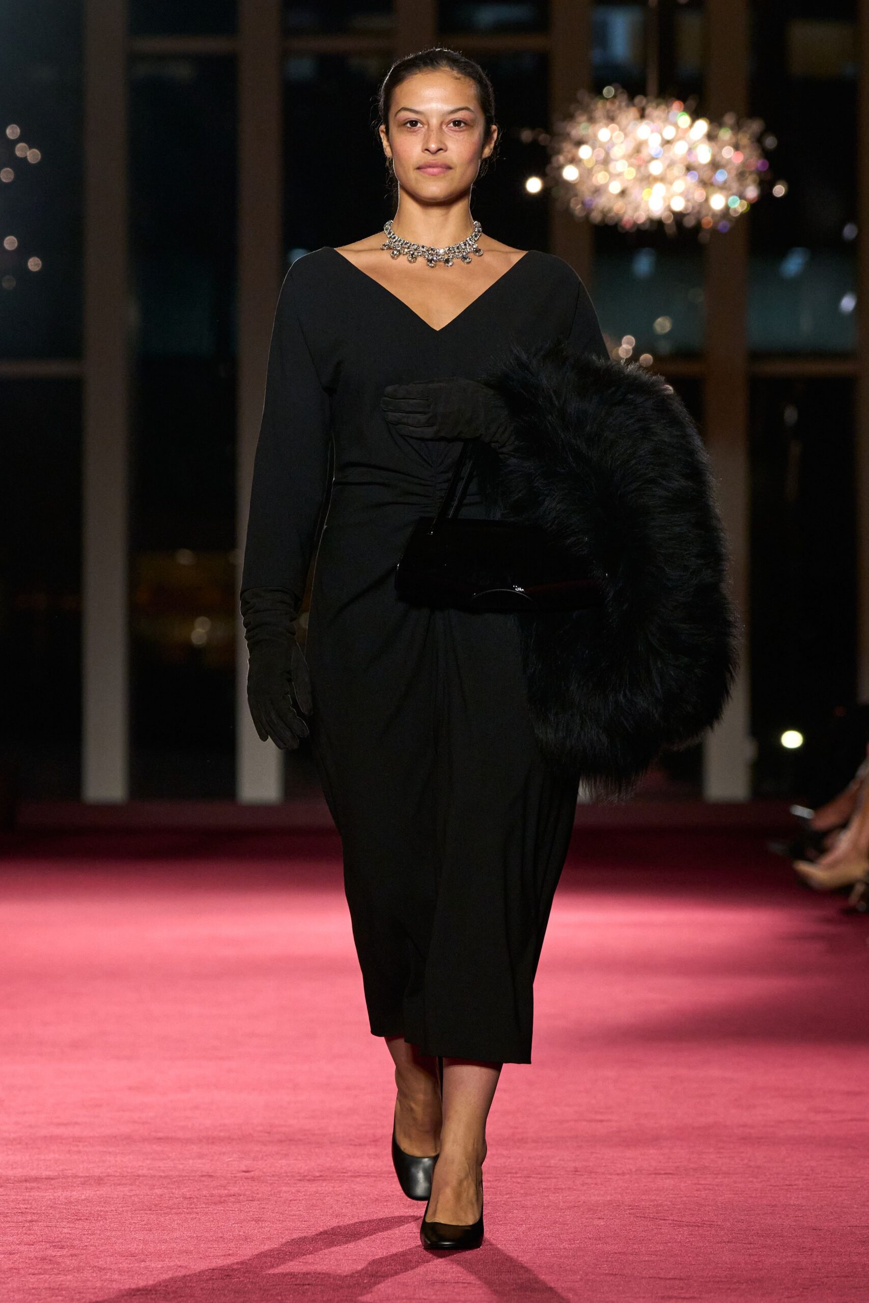 black silk long-sleeve v-neck fitted straight-leg midi dress