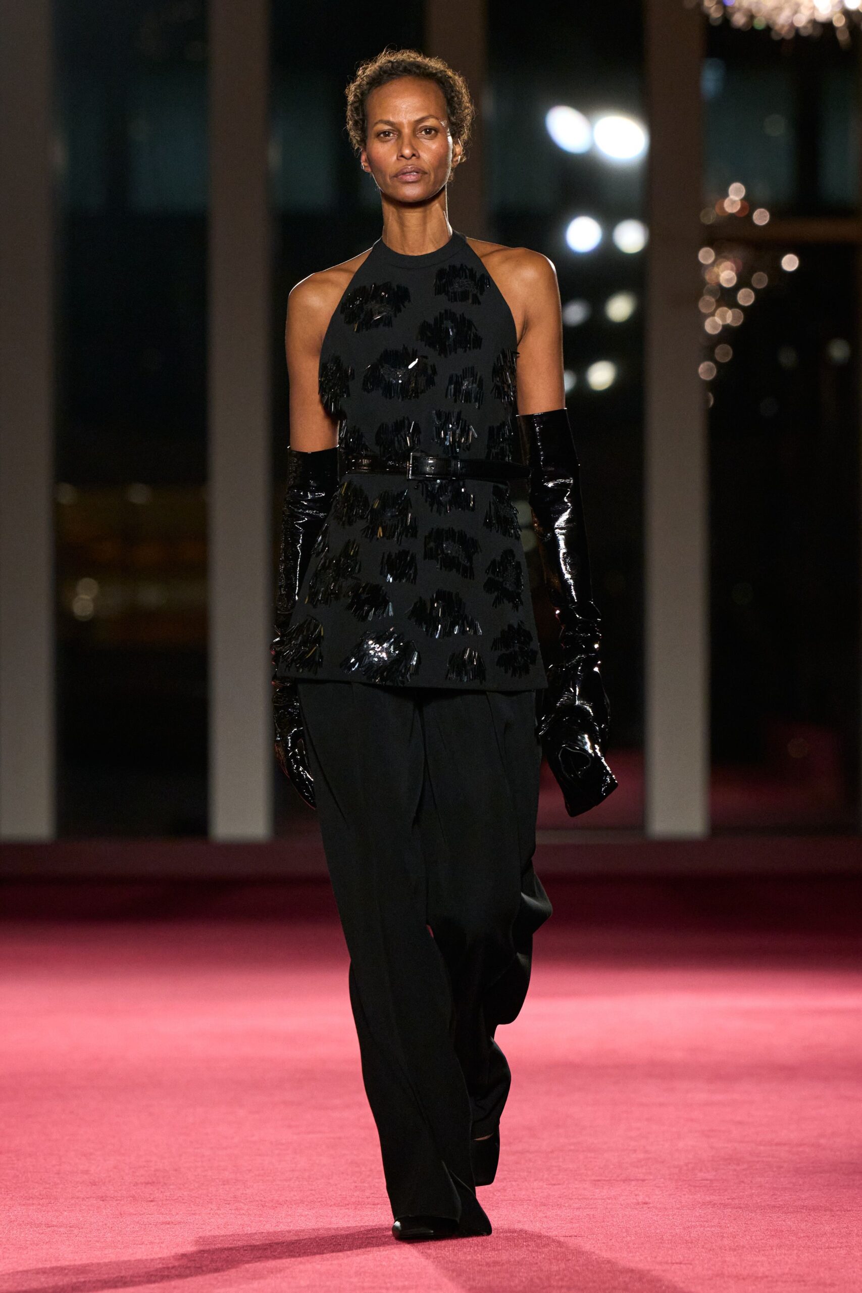 black silk sleeveless high-neck fitted embellished shiny top
