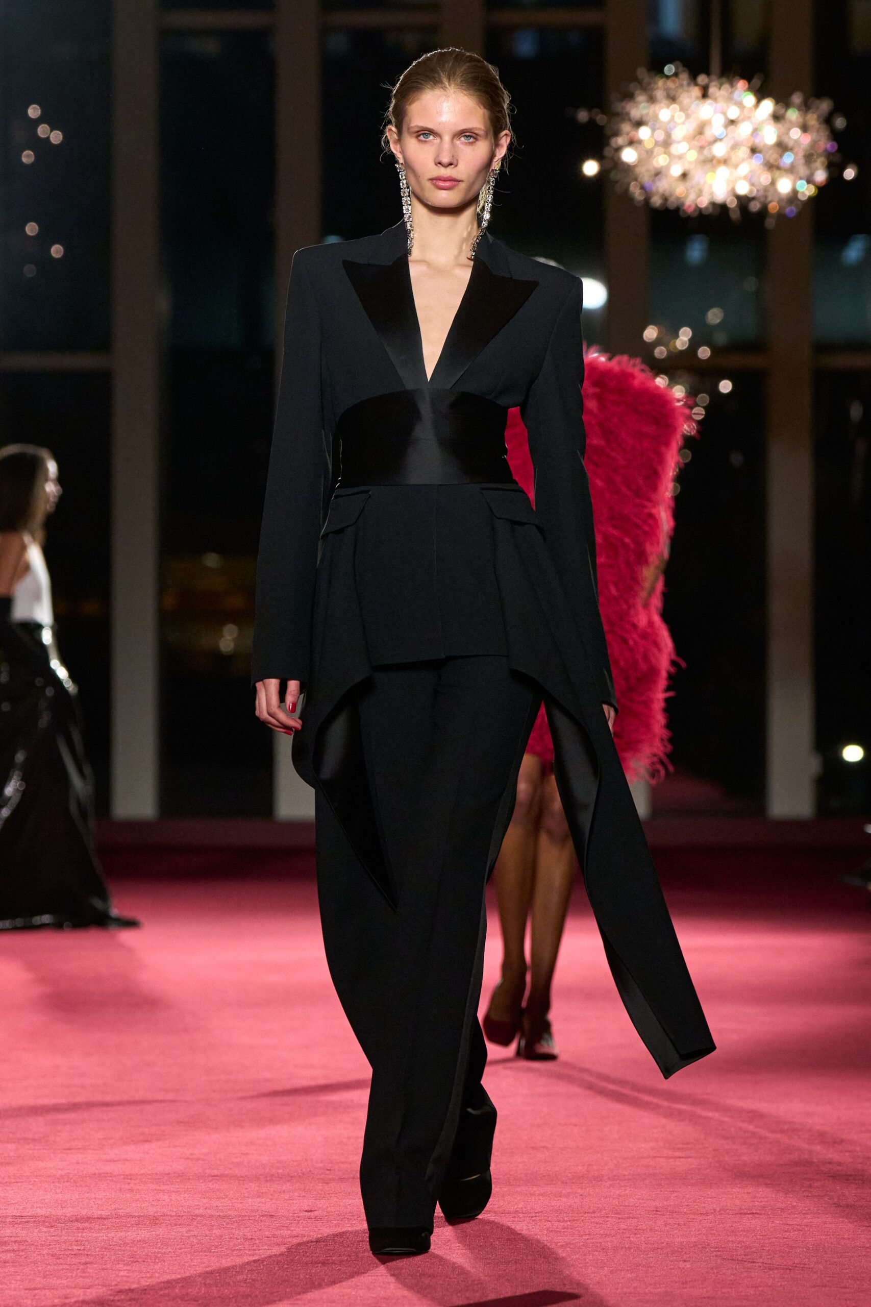 black silk long-sleeve v-neck fitted structured belted jumpsuit