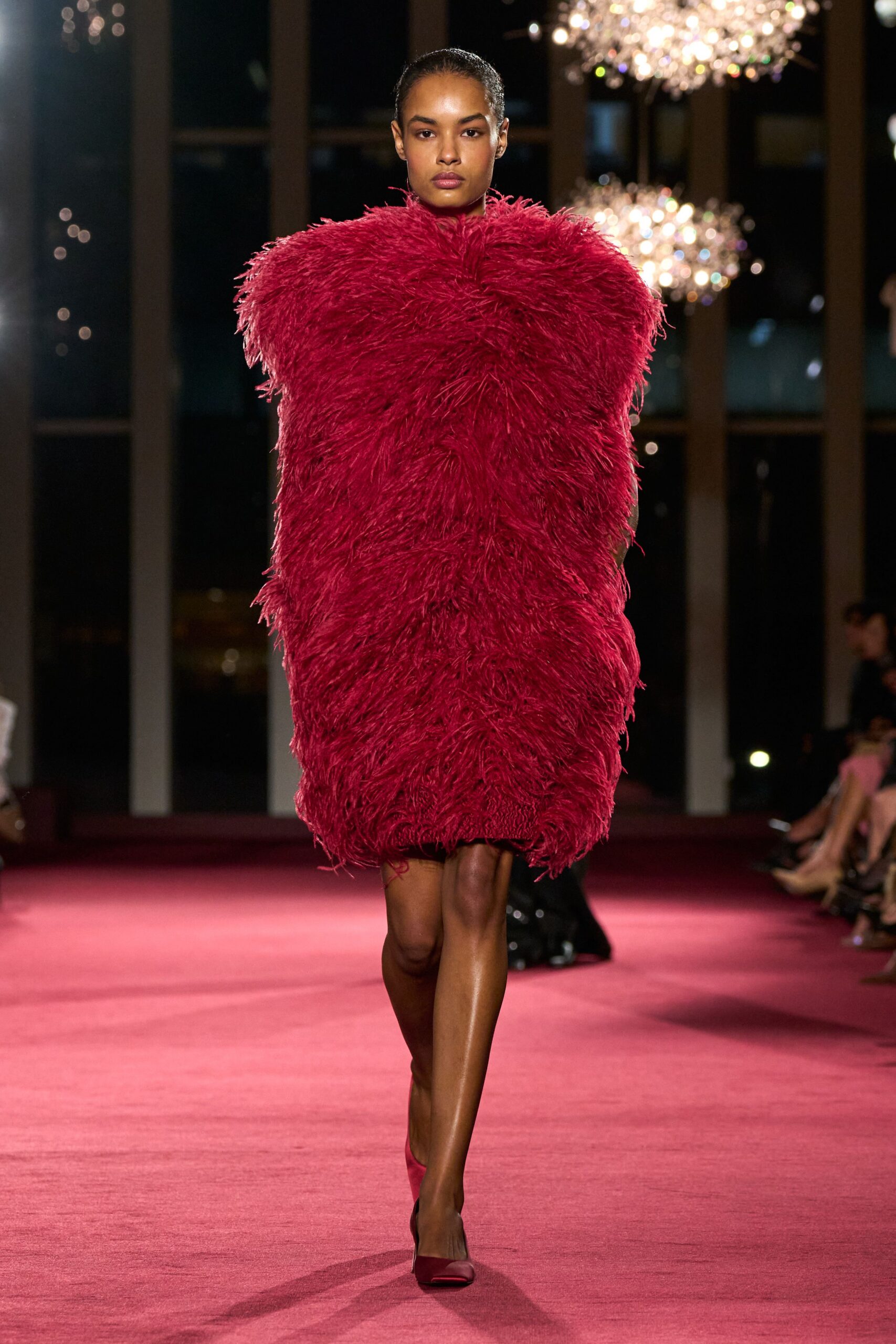 red fur long-sleeve high-neck oversized fringed mini dress