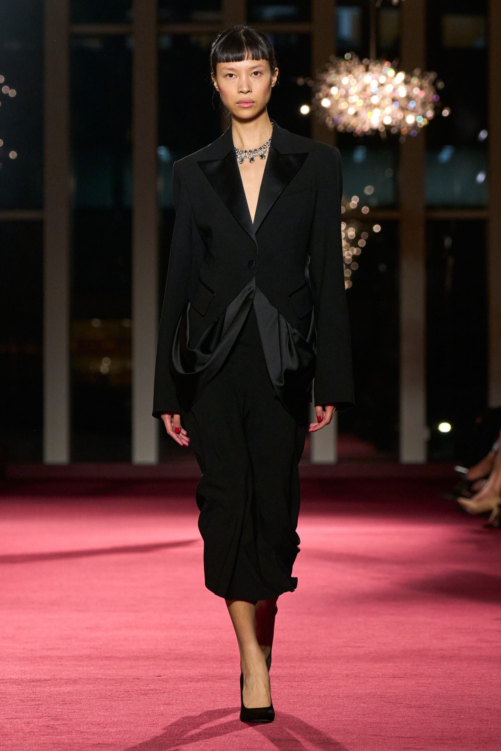black silk long-sleeve v-neck fitted buttoned draped suit