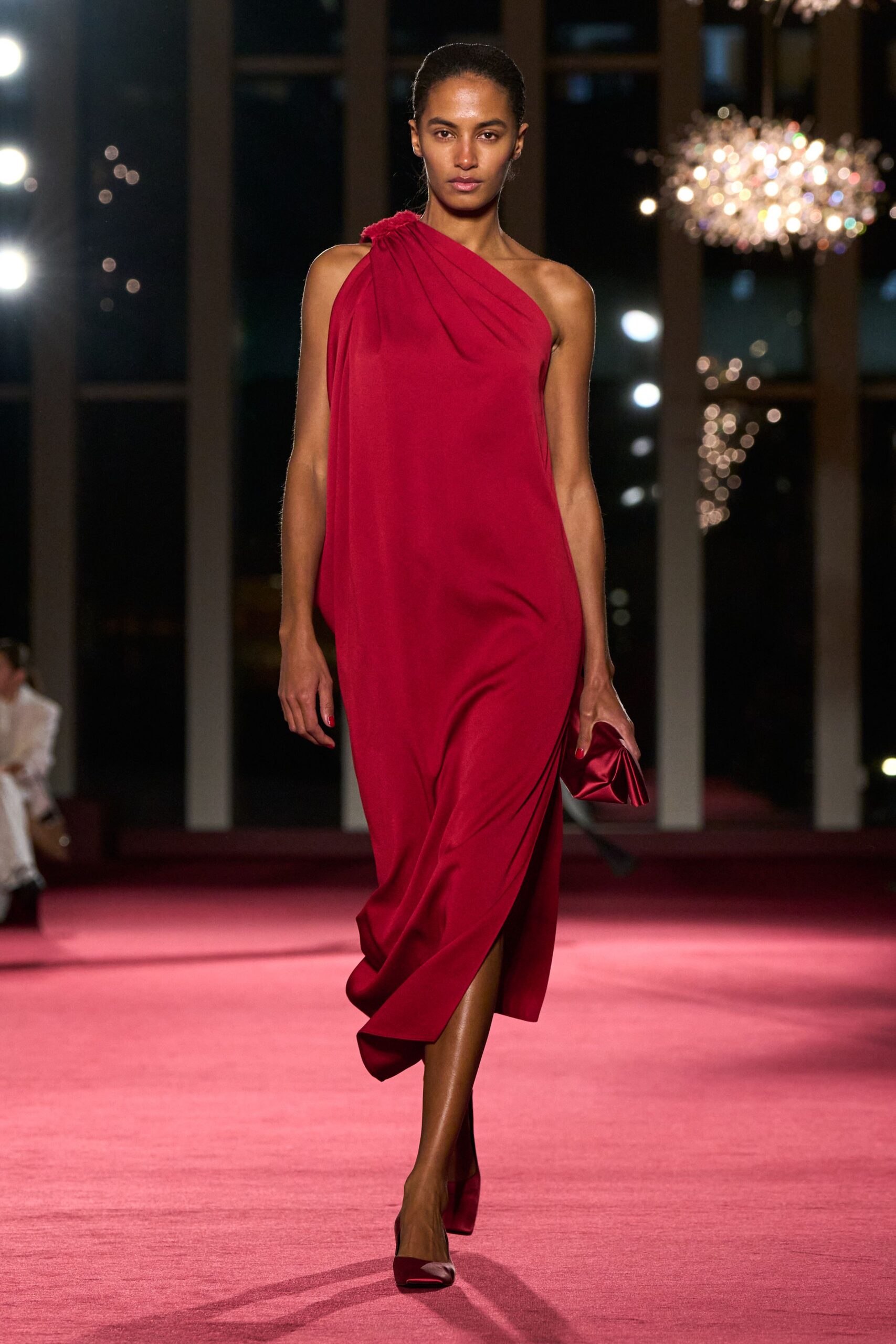 red silk sleeveless high-neck fitted draped maxi gown