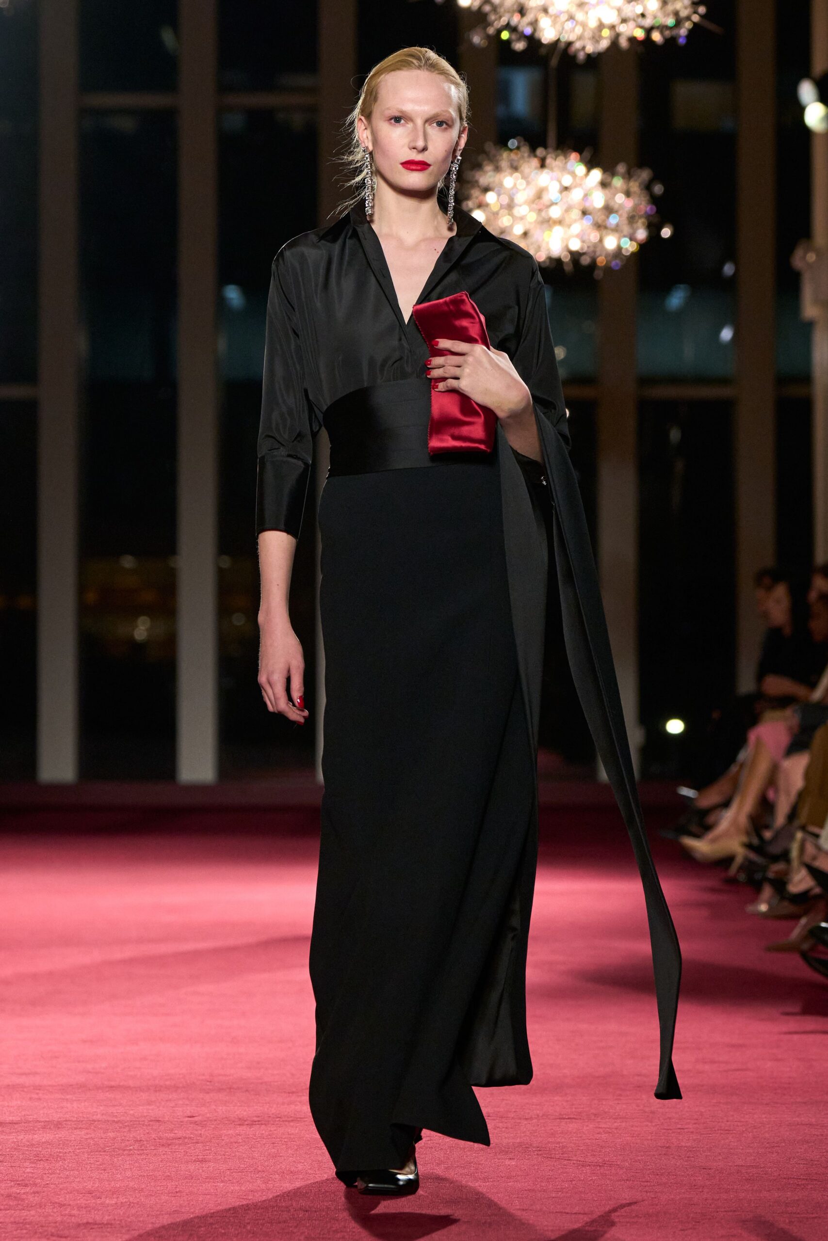 black silk long-sleeve v-neck fitted belted maxi gown