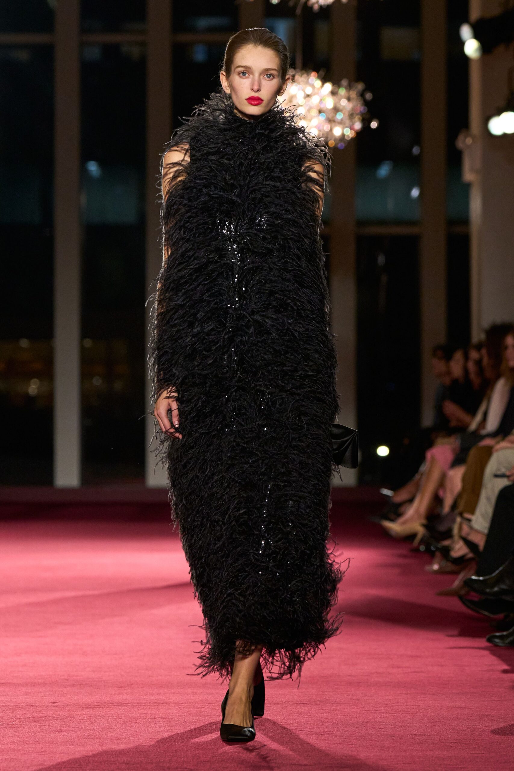 black sequin long-sleeve fitted fringed embellished shiny gown