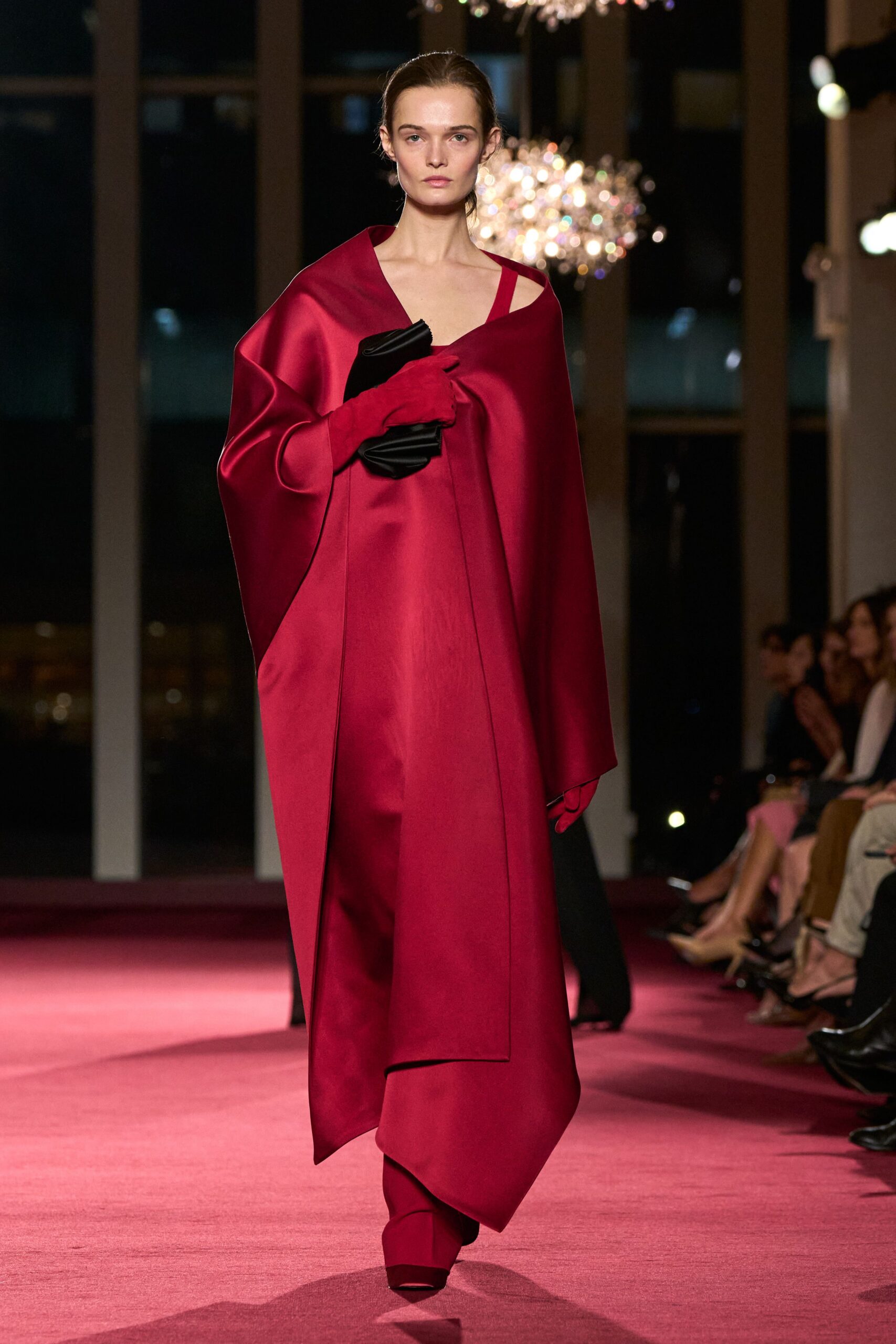 red silk sleeveless relaxed draped maxi gown