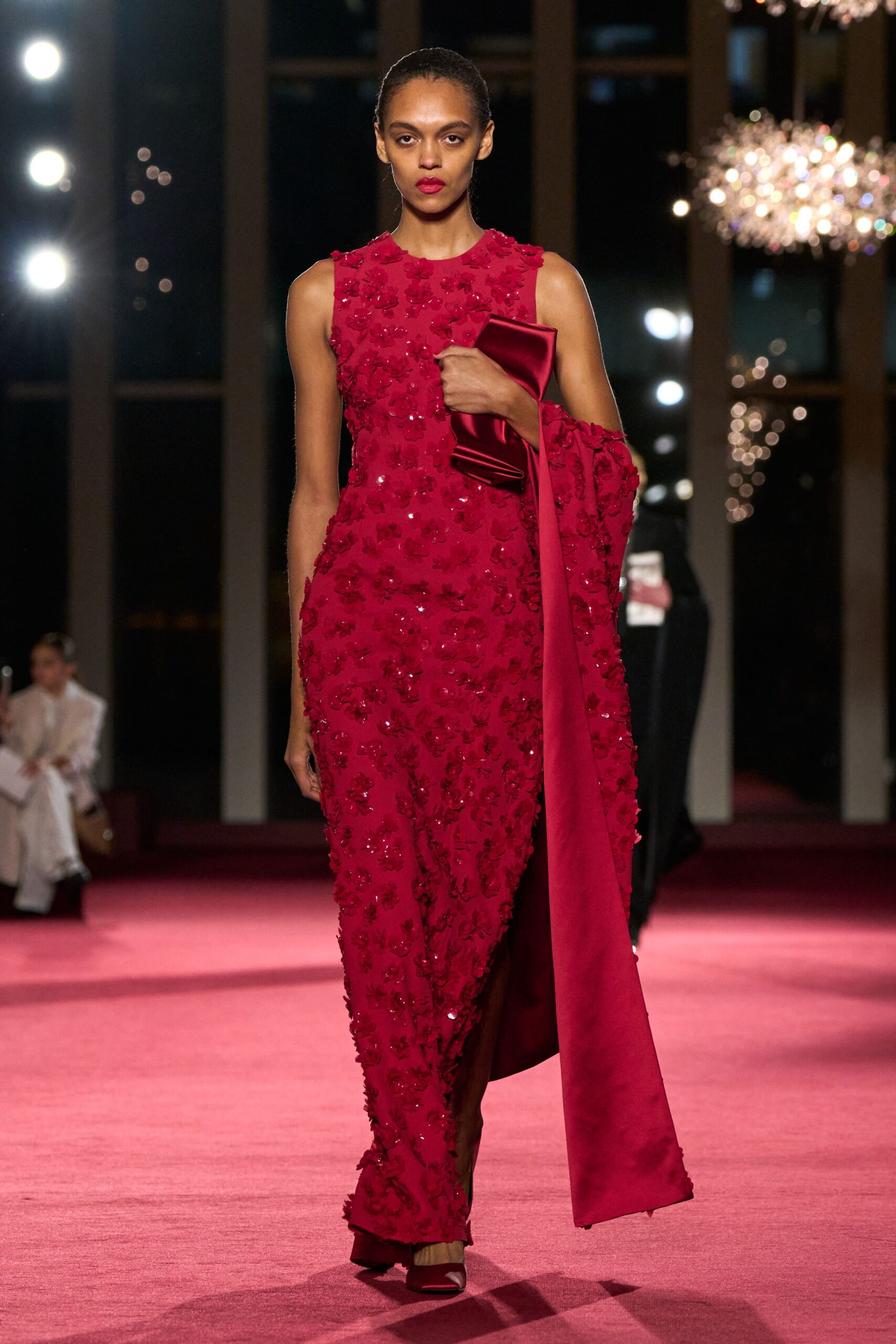 red silk sleeveless high-neck fitted embellished maxi gown